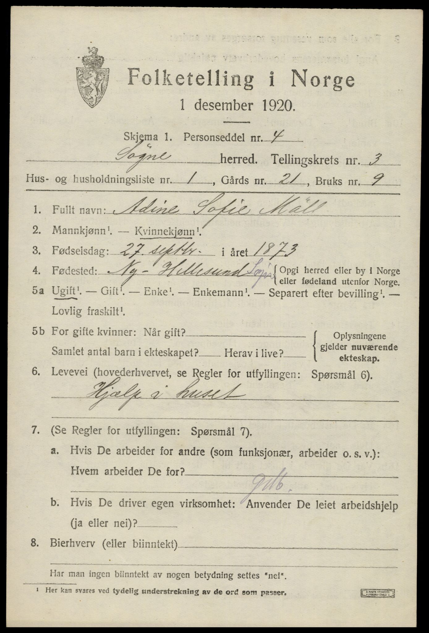 SAK, 1920 census for Søgne, 1920, p. 1647