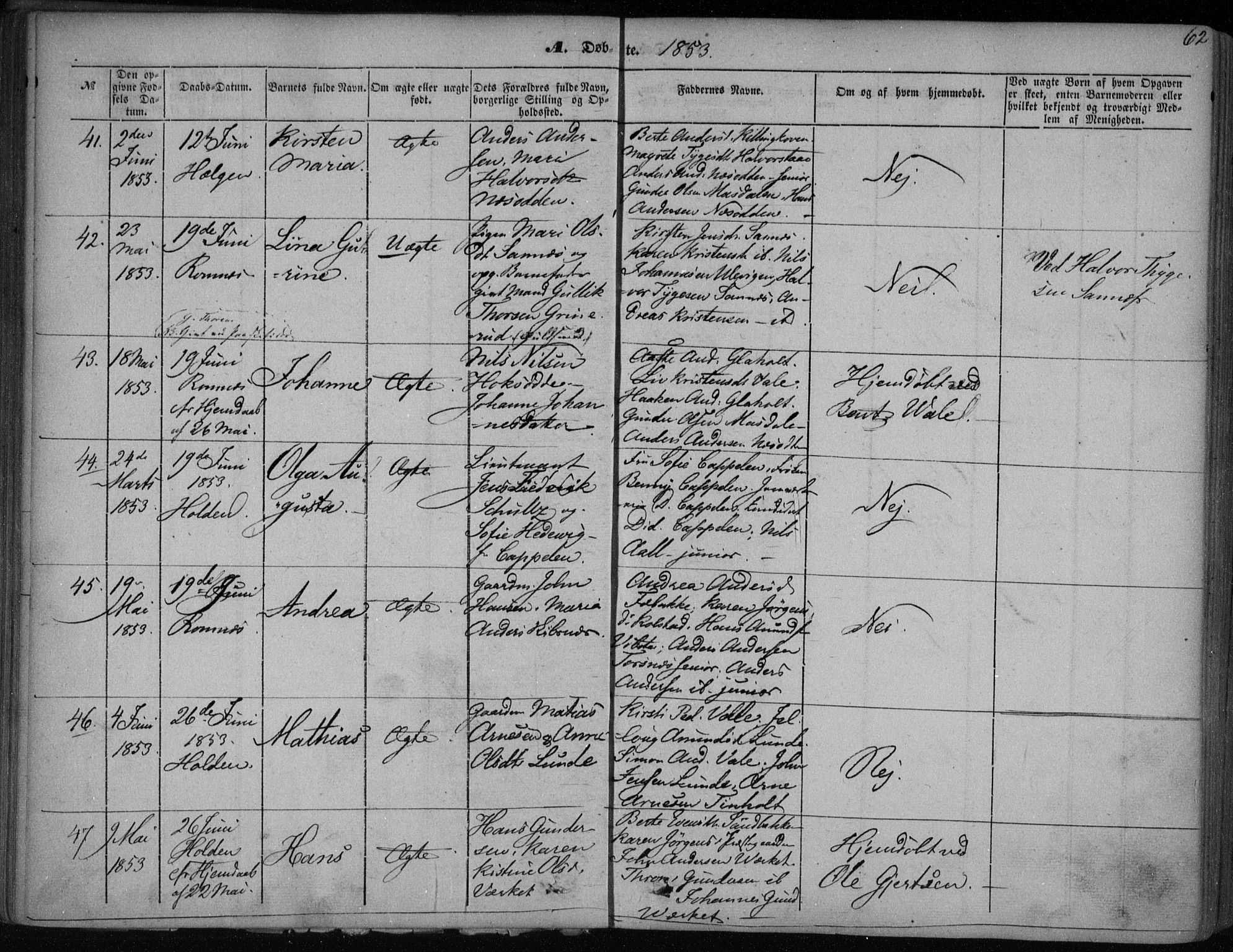 Holla kirkebøker, SAKO/A-272/F/Fa/L0005: Parish register (official) no. 5, 1849-1860, p. 62