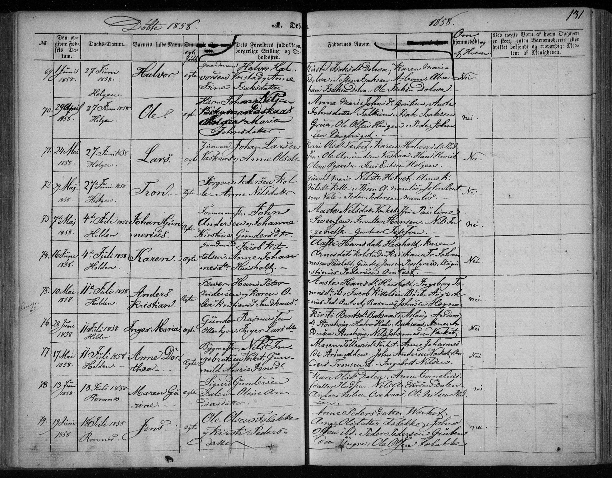 Holla kirkebøker, AV/SAKO-A-272/F/Fa/L0005: Parish register (official) no. 5, 1849-1860, p. 131