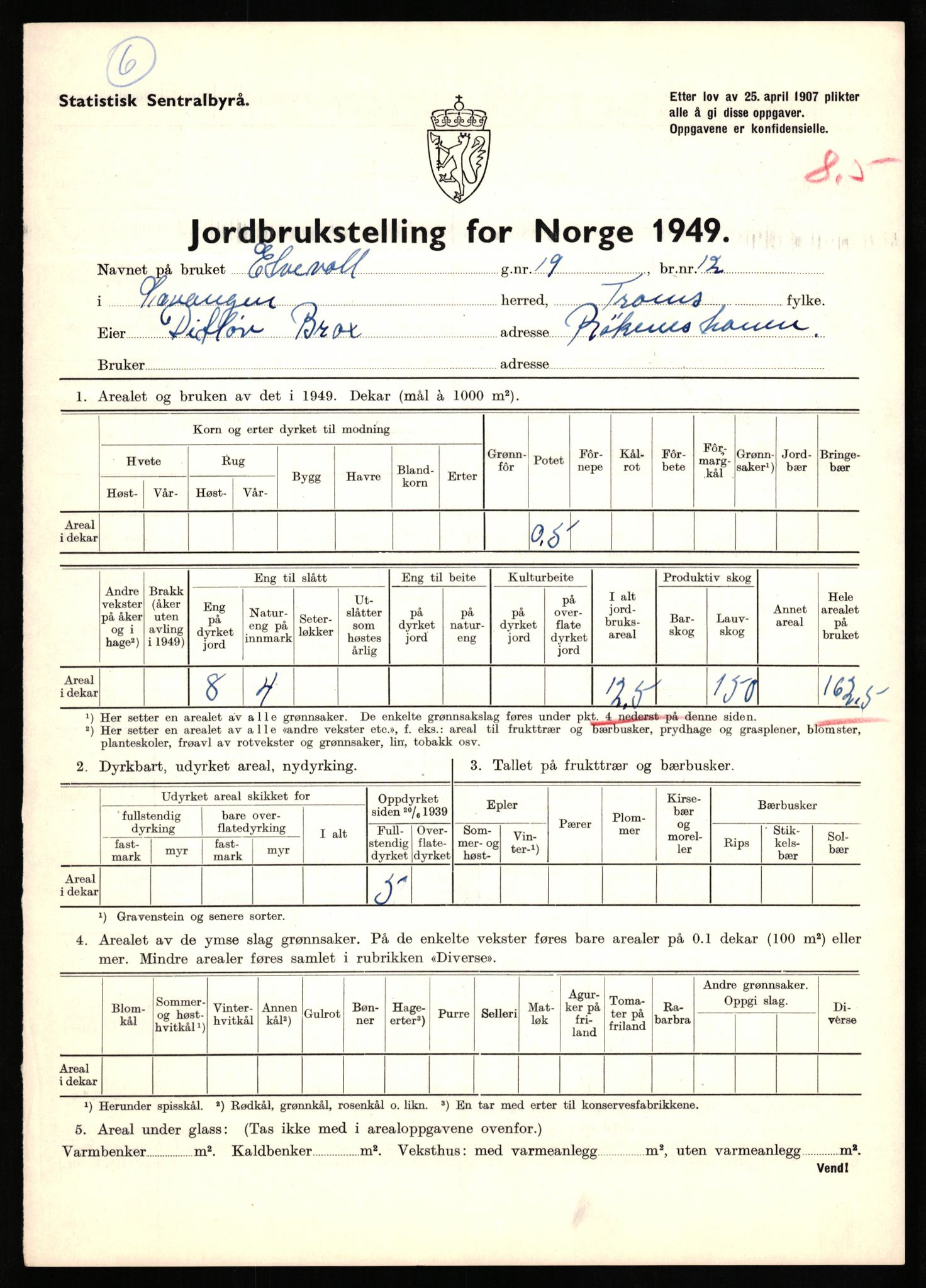 Statistisk sentralbyrå, Næringsøkonomiske emner, Jordbruk, skogbruk, jakt, fiske og fangst, AV/RA-S-2234/G/Gc/L0437: Troms: Gratangen og Lavangen, 1949, p. 102