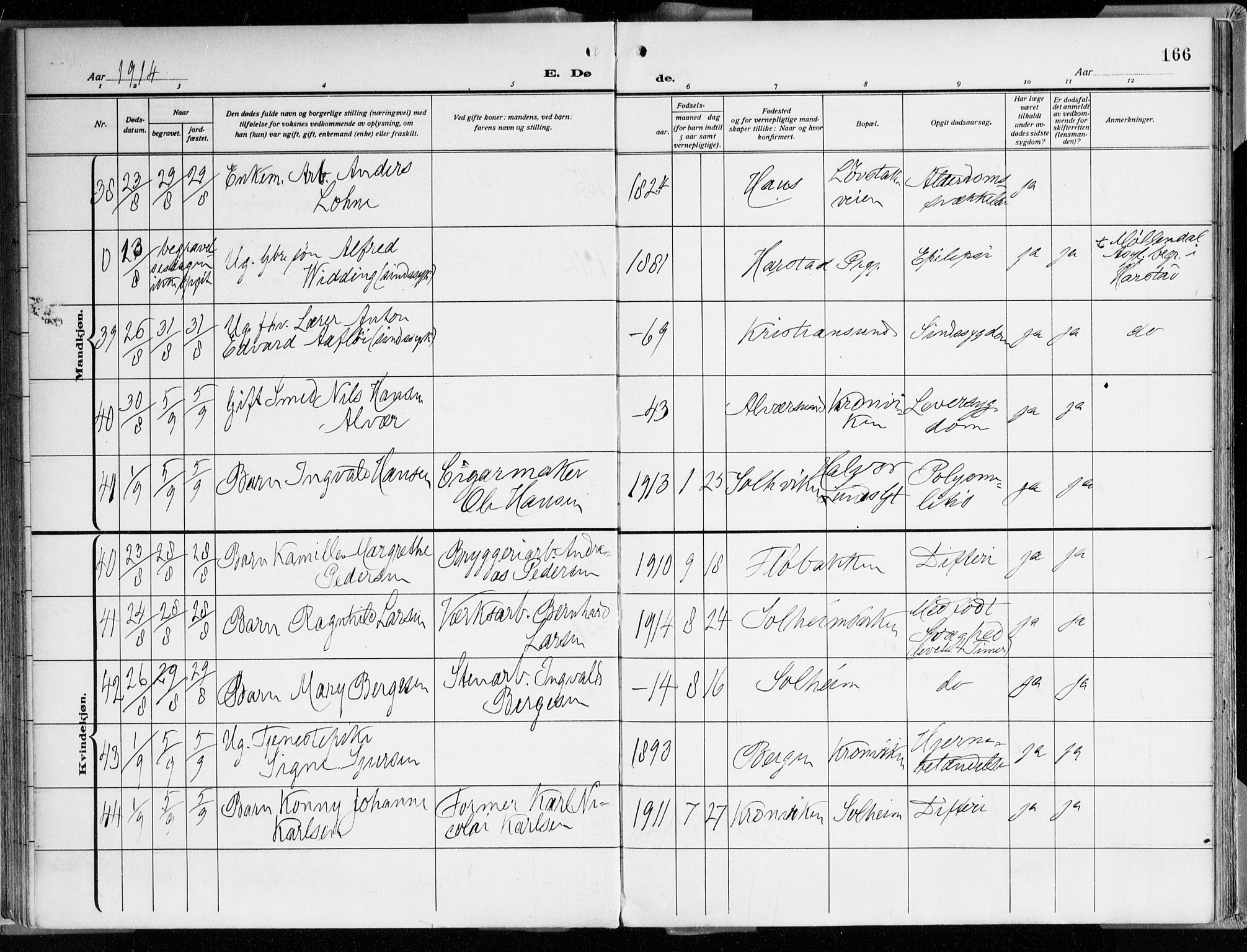 Årstad Sokneprestembete, AV/SAB-A-79301/H/Haa/L0003: Parish register (official) no. A 3, 1914-1919, p. 166