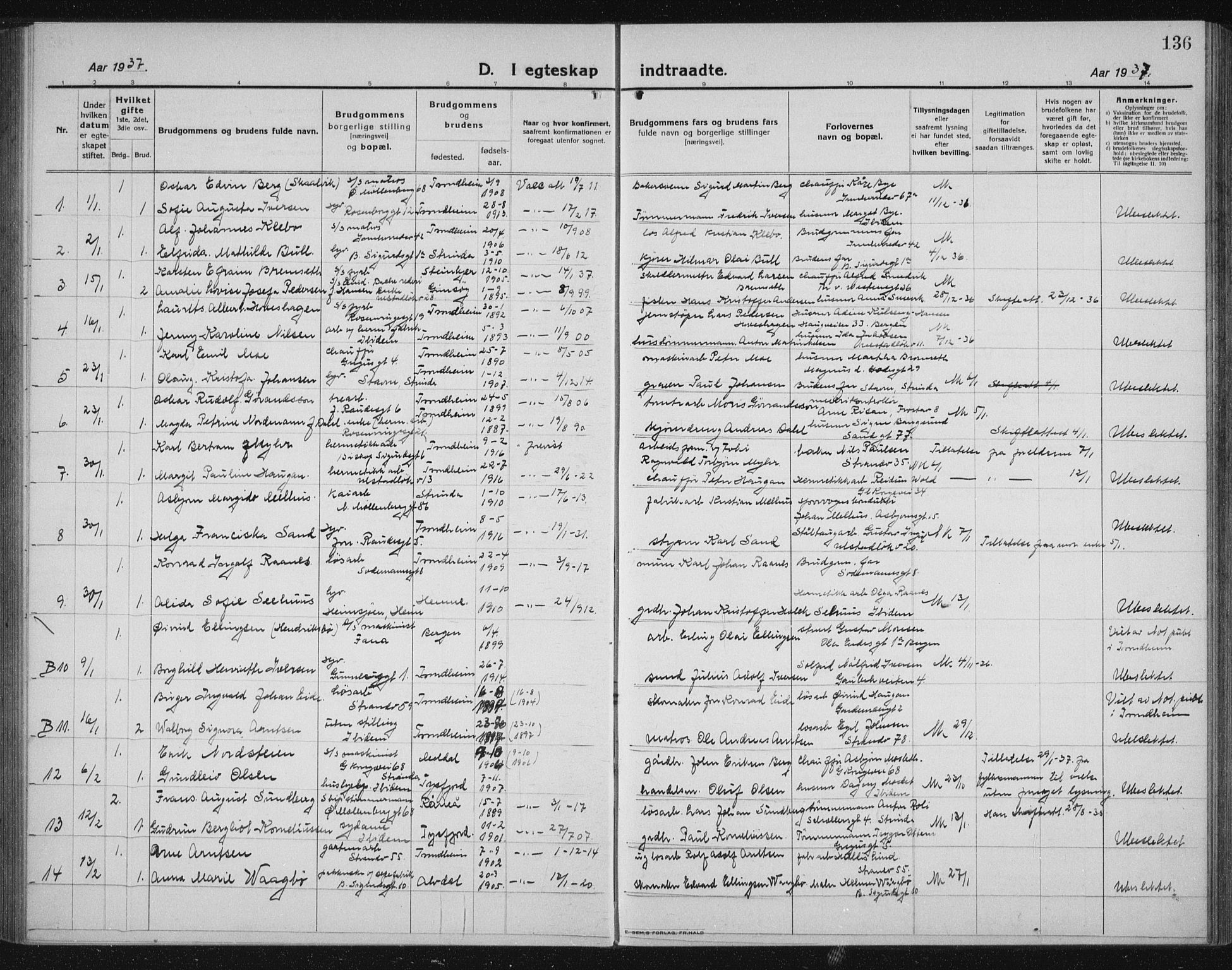 Ministerialprotokoller, klokkerbøker og fødselsregistre - Sør-Trøndelag, SAT/A-1456/605/L0260: Parish register (copy) no. 605C07, 1922-1942, p. 136