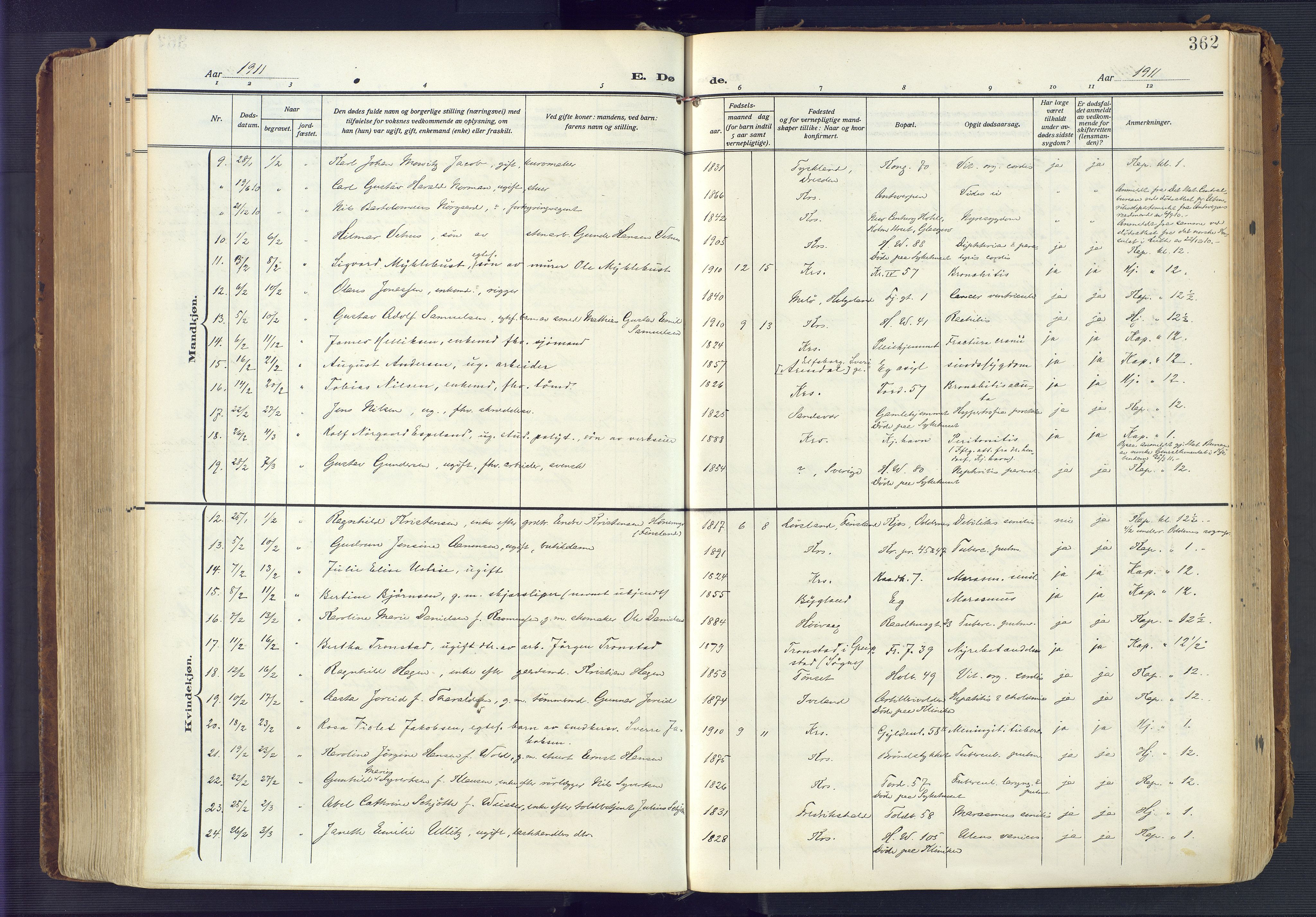 Kristiansand domprosti, AV/SAK-1112-0006/F/Fa/L0023: Parish register (official) no. A 22, 1909-1917, p. 362