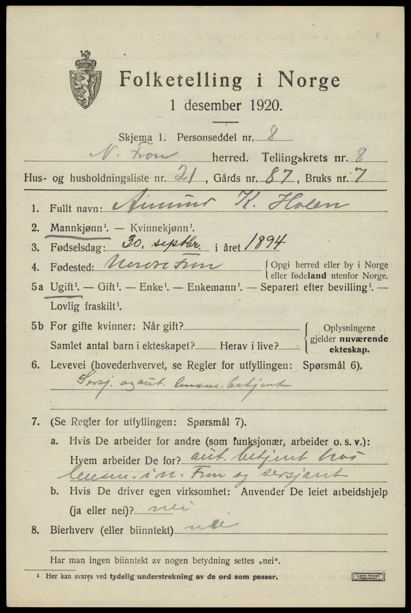 SAH, 1920 census for Nord-Fron, 1920, p. 7014