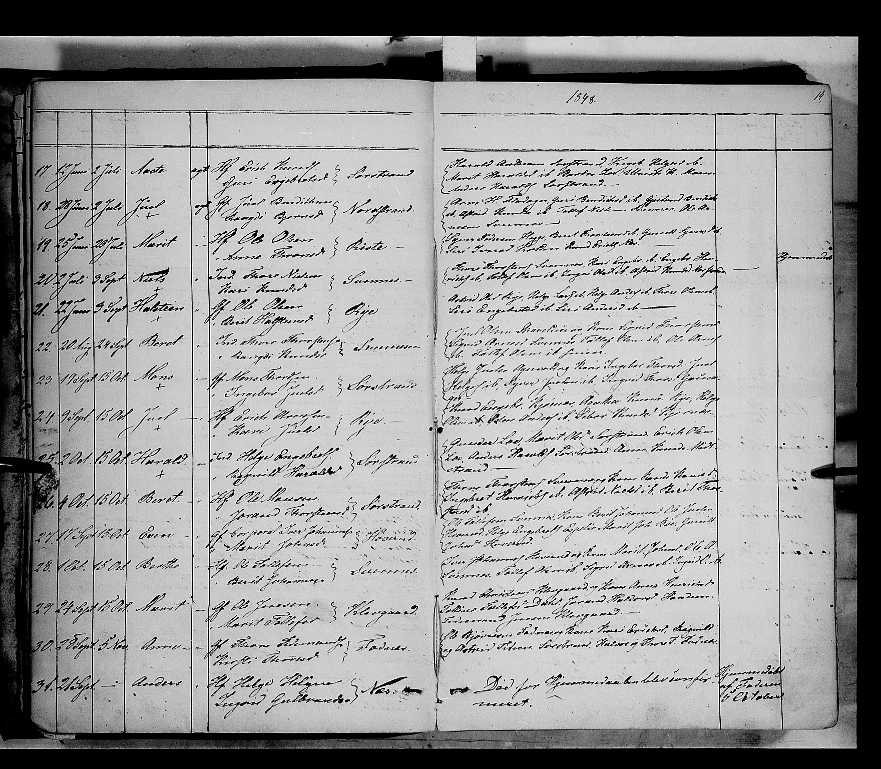 Nord-Aurdal prestekontor, SAH/PREST-132/H/Ha/Haa/L0005: Parish register (official) no. 5, 1842-1863, p. 14