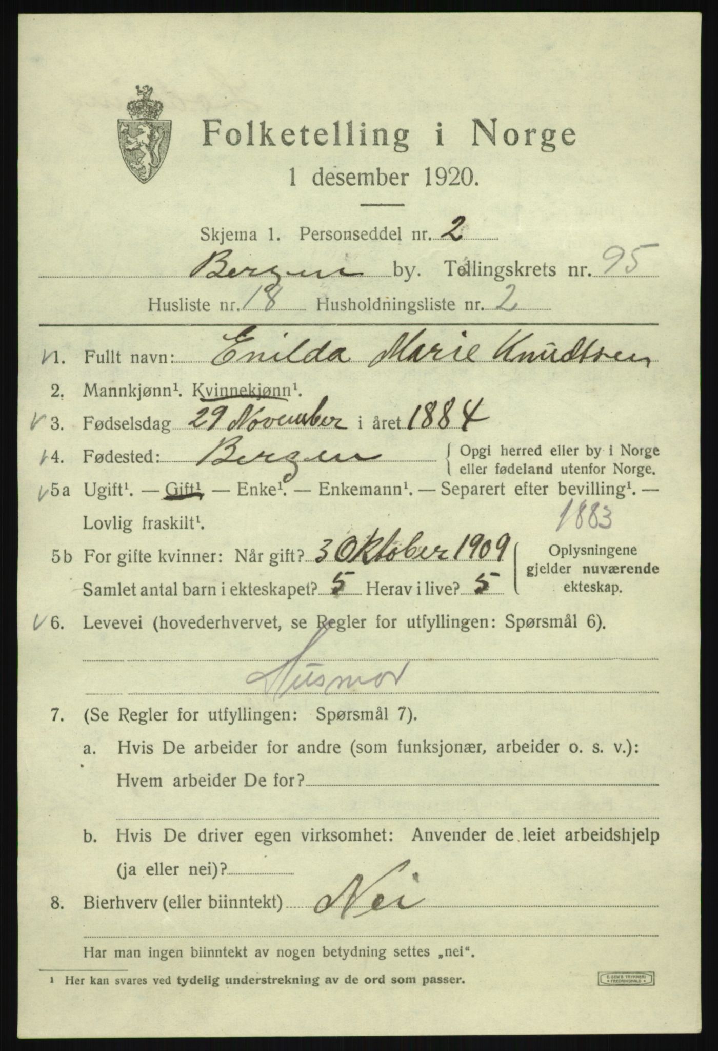 SAB, 1920 census for Bergen, 1920, p. 169561