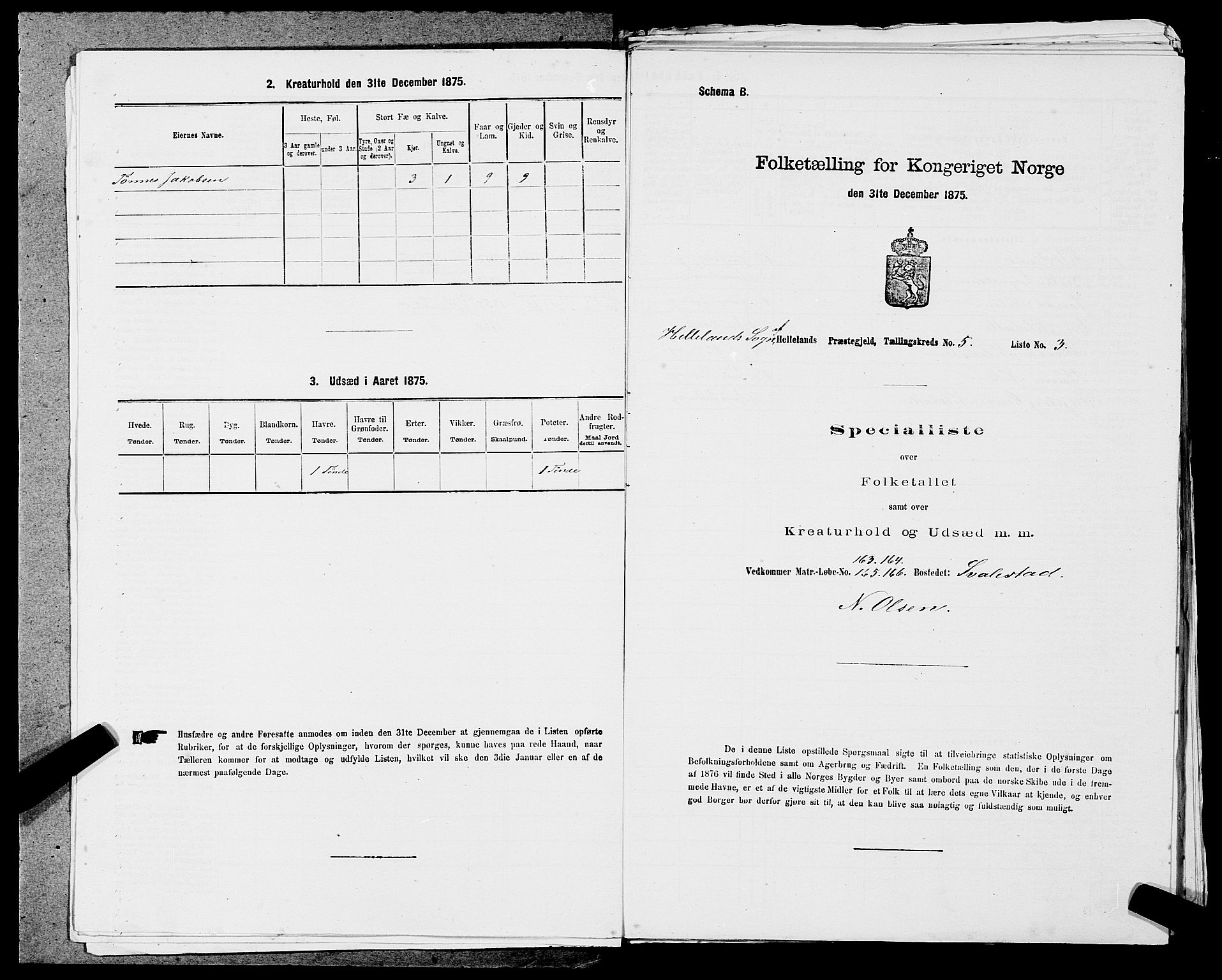 SAST, 1875 census for 1115P Helleland, 1875, p. 418