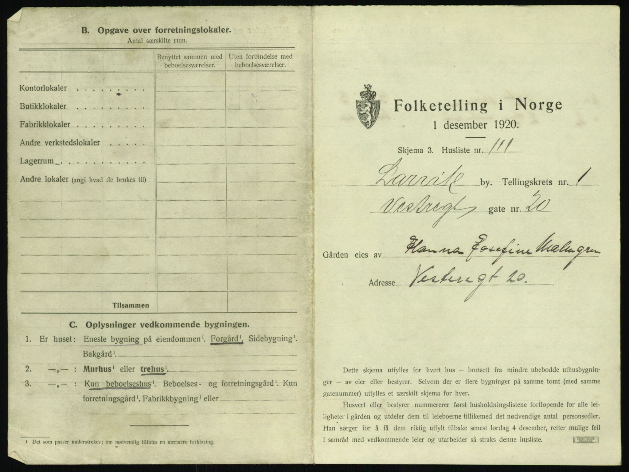 SAKO, 1920 census for Larvik, 1920, p. 314