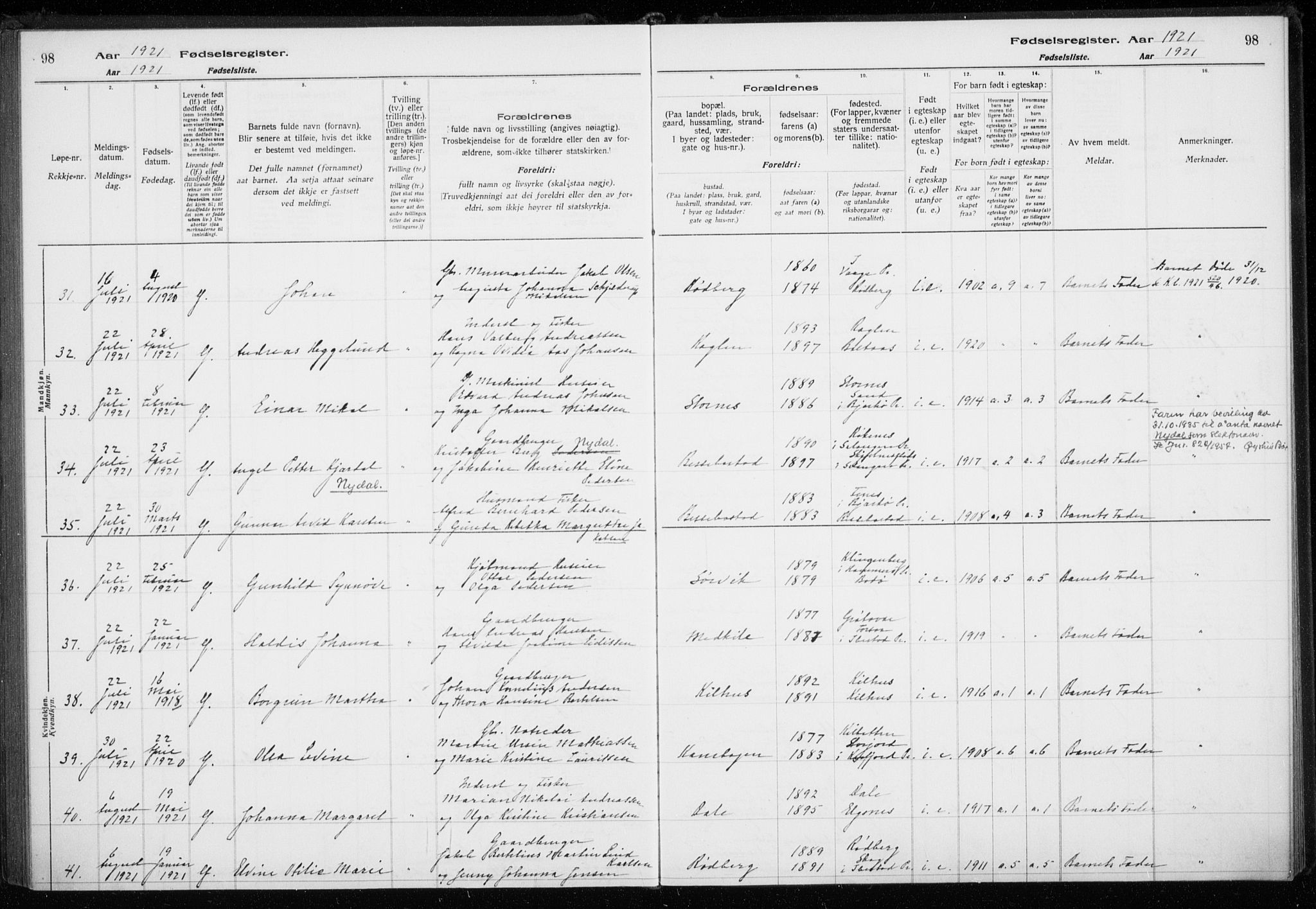 Trondenes sokneprestkontor, SATØ/S-1319/I/Ia/L0089: Birth register no. 89, 1916-1925, p. 98