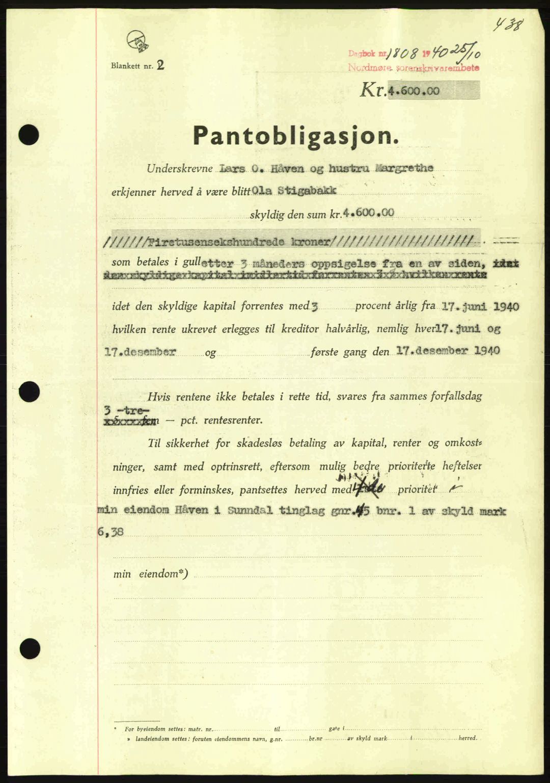 Nordmøre sorenskriveri, AV/SAT-A-4132/1/2/2Ca: Mortgage book no. B87, 1940-1941, Diary no: : 1808/1940