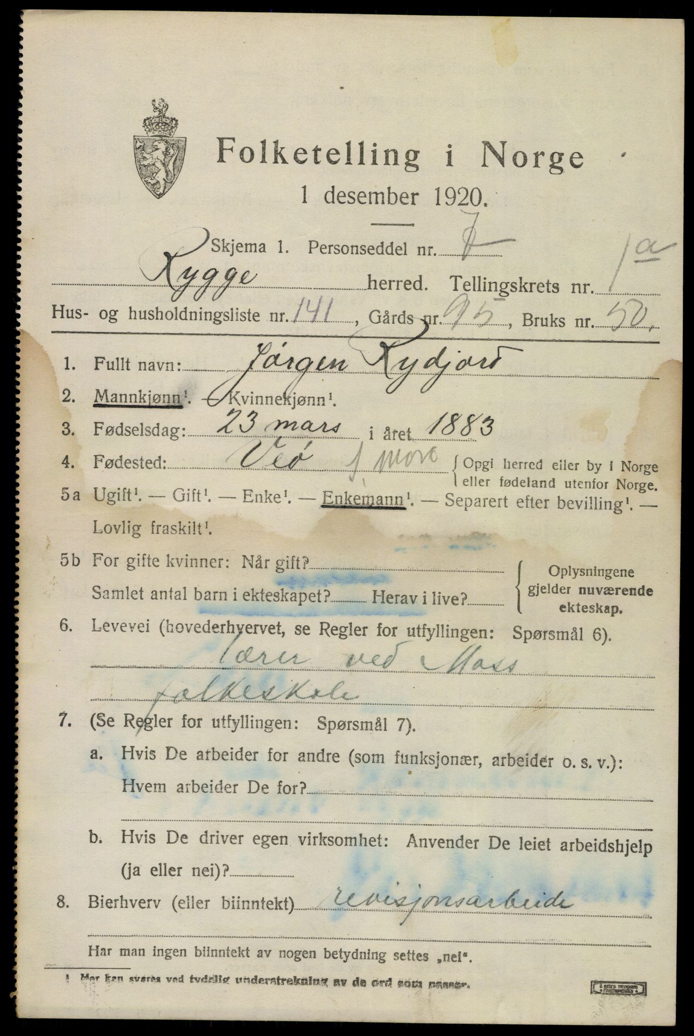 SAO, 1920 census for Rygge, 1920, p. 6091