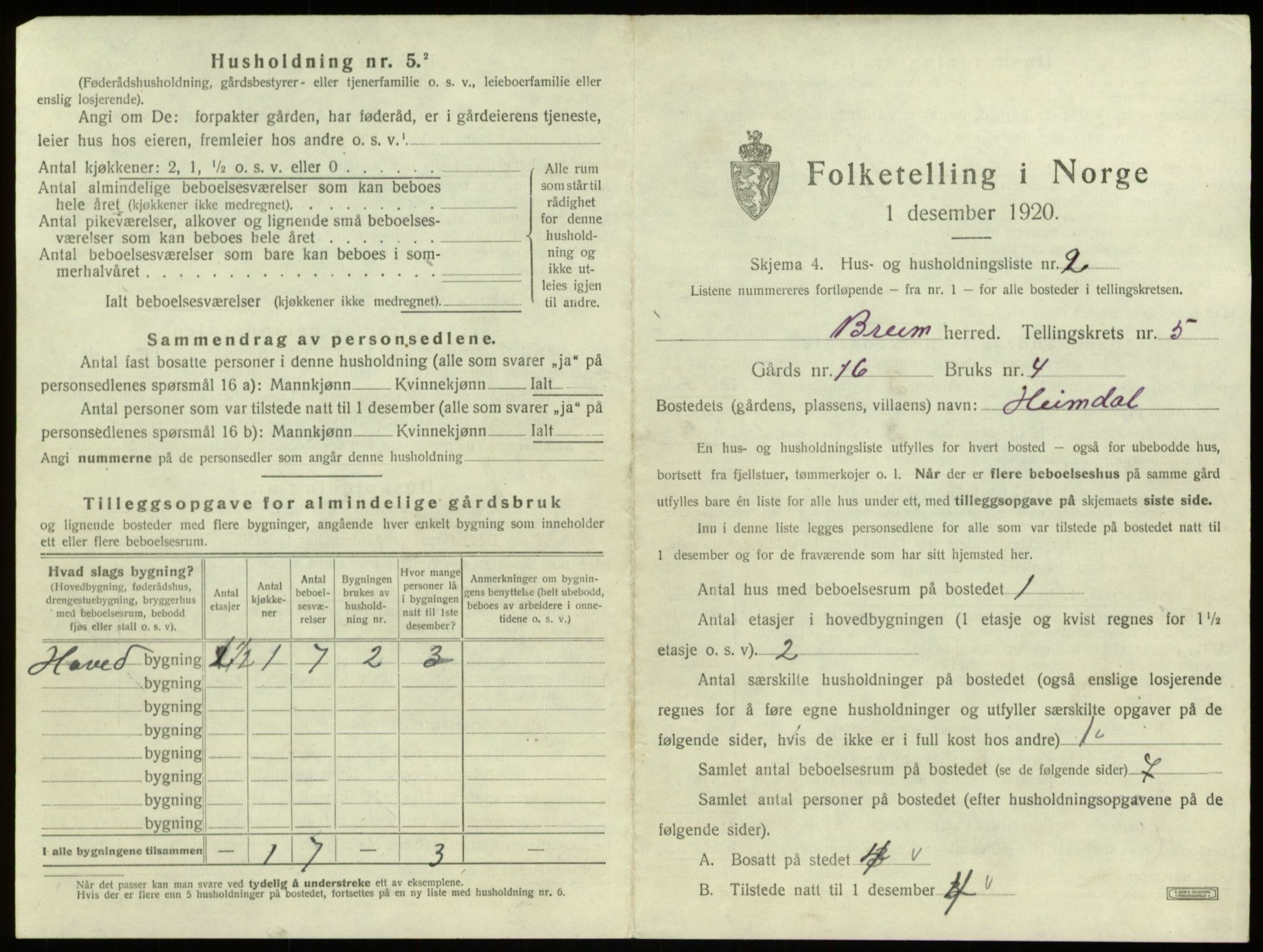 SAB, 1920 census for Breim, 1920, p. 367