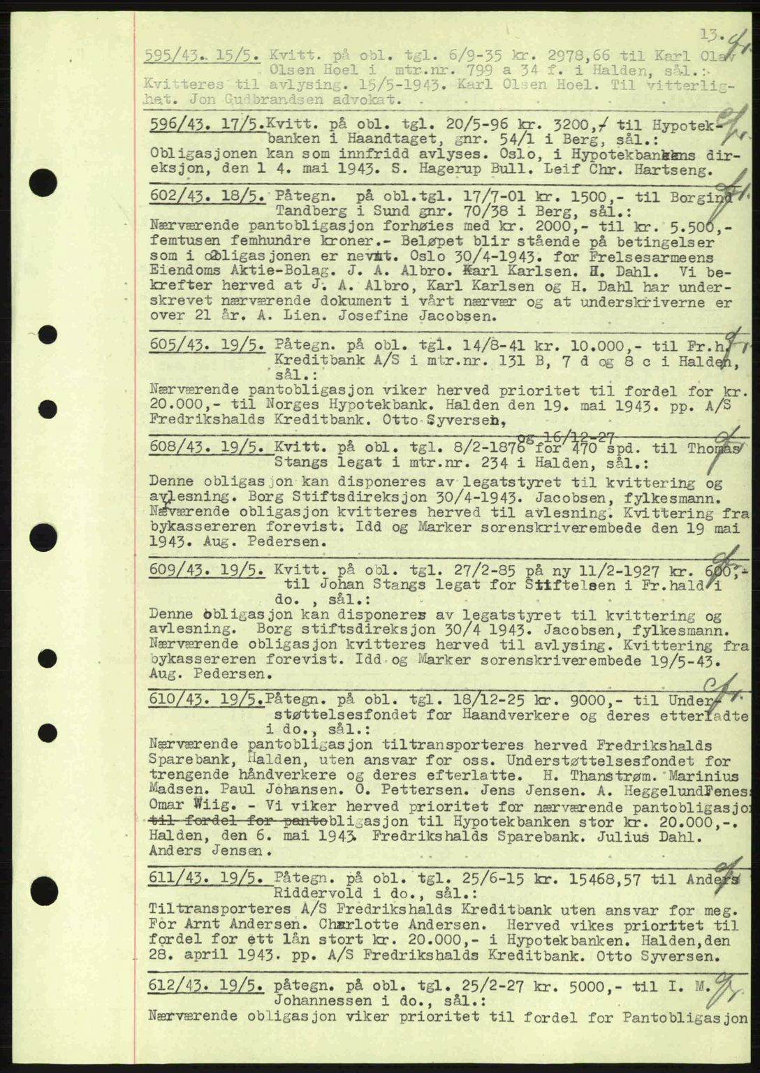 Idd og Marker sorenskriveri, AV/SAO-A-10283/G/Gb/Gbc/L0002: Mortgage book no. B4-9a, 1939-1945, Diary no: : 595/1943