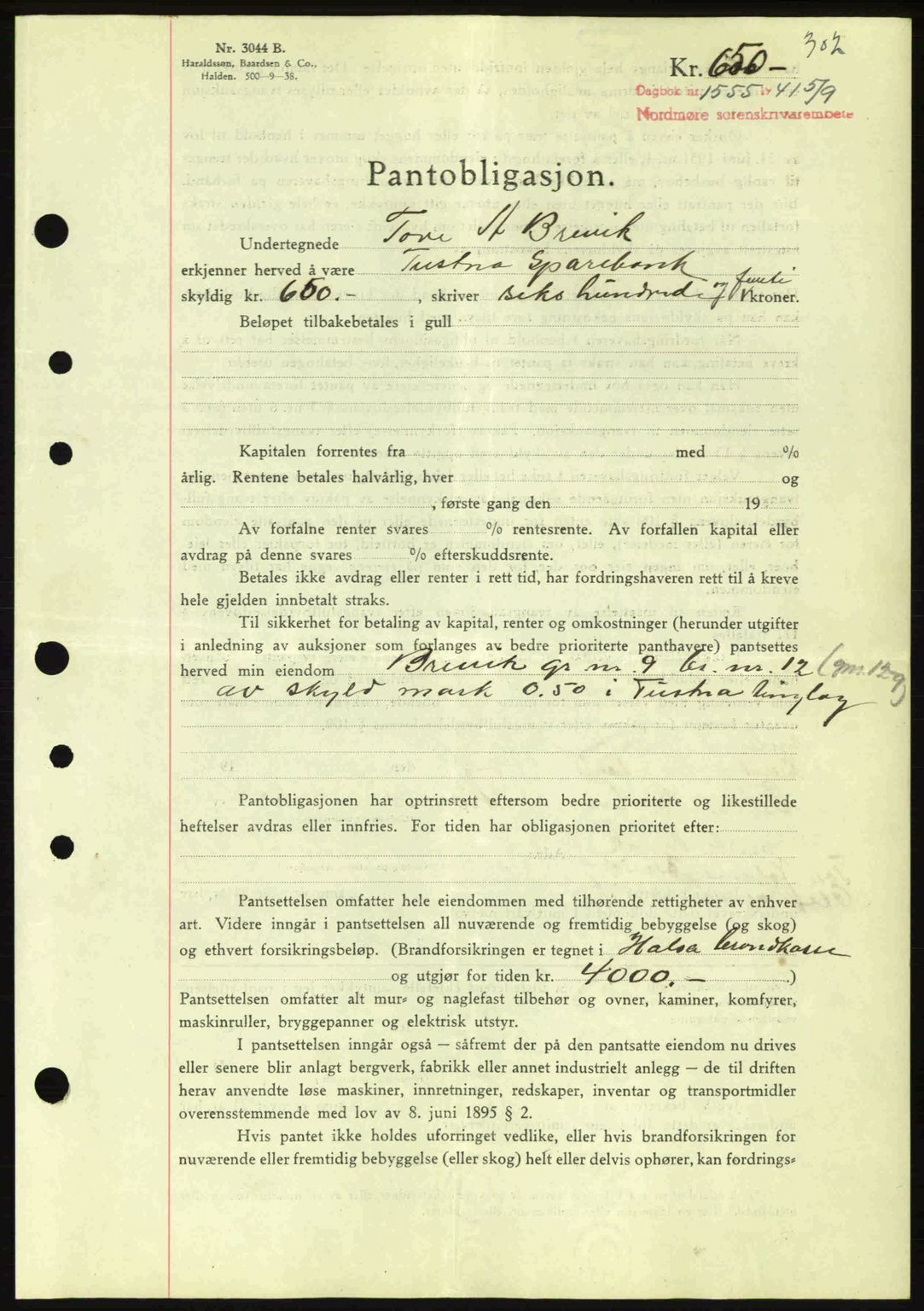 Nordmøre sorenskriveri, AV/SAT-A-4132/1/2/2Ca: Mortgage book no. B88, 1941-1942, Diary no: : 1555/1941