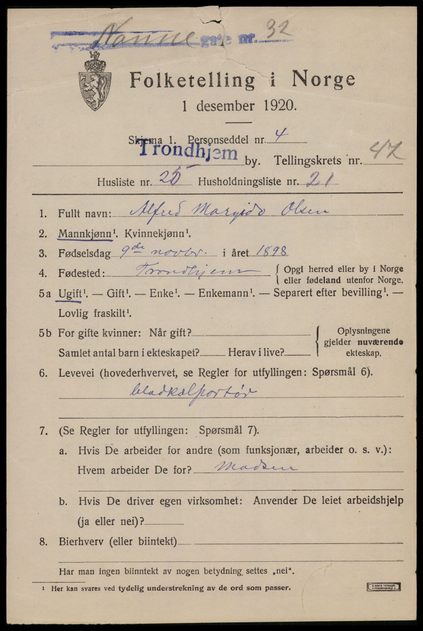 SAT, 1920 census for Trondheim, 1920, p. 100974