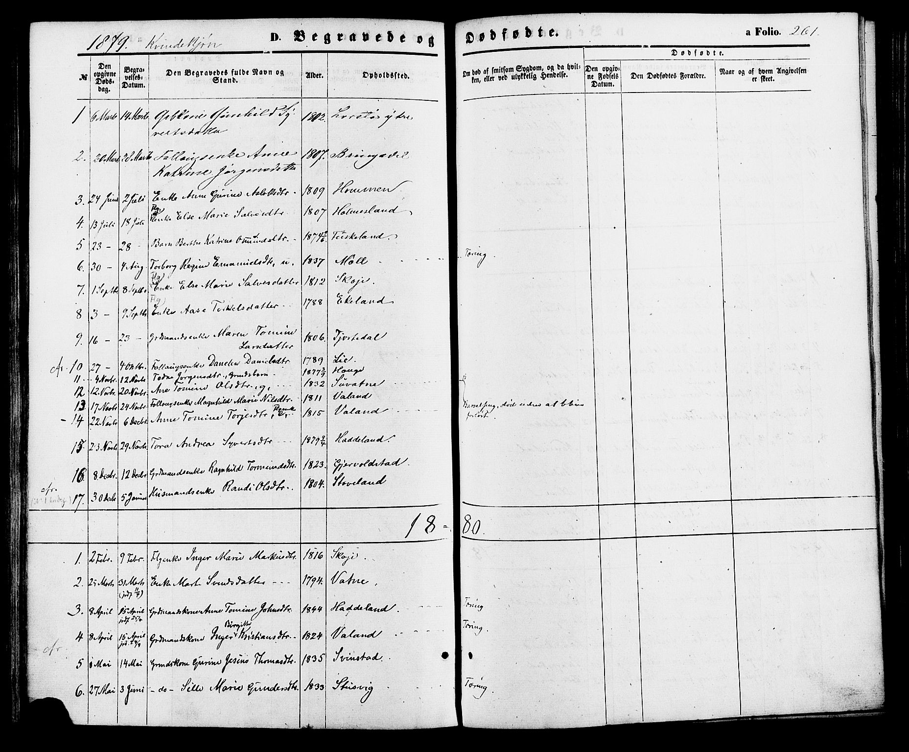 Holum sokneprestkontor, AV/SAK-1111-0022/F/Fa/Faa/L0006: Parish register (official) no. A 6, 1865-1883, p. 261