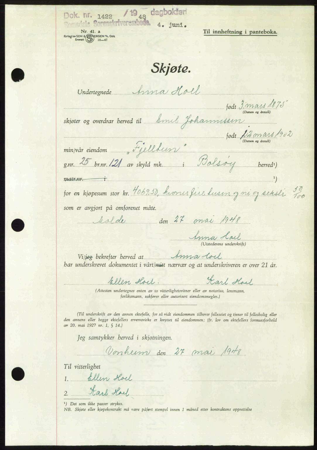 Romsdal sorenskriveri, AV/SAT-A-4149/1/2/2C: Mortgage book no. A26, 1948-1948, Diary no: : 1422/1948