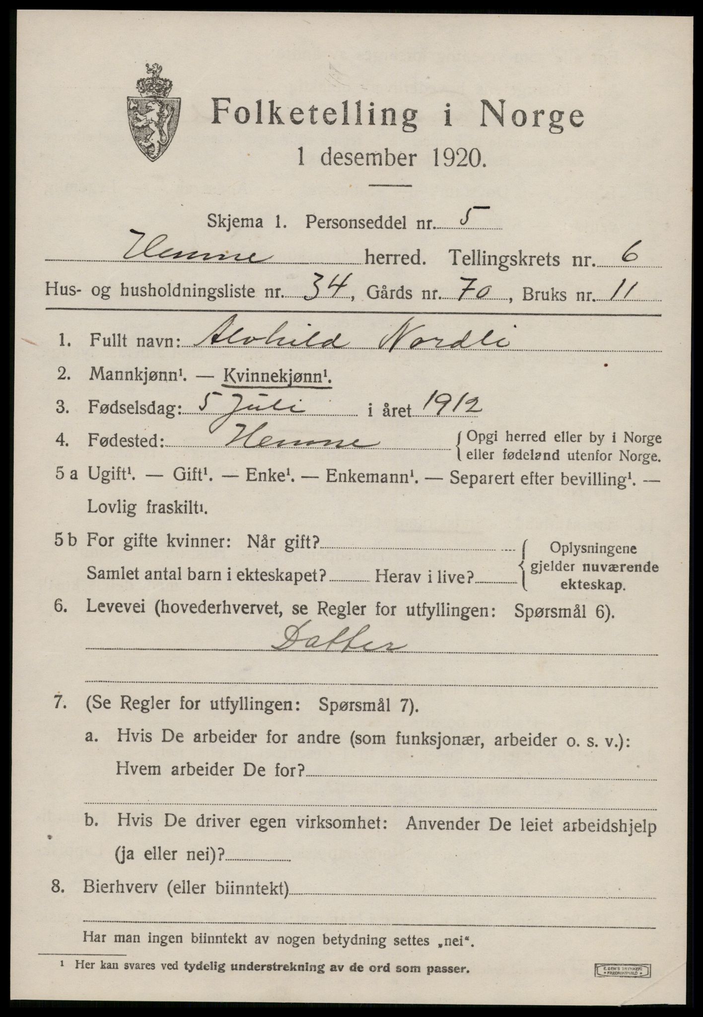 SAT, 1920 census for Hemne, 1920, p. 3986