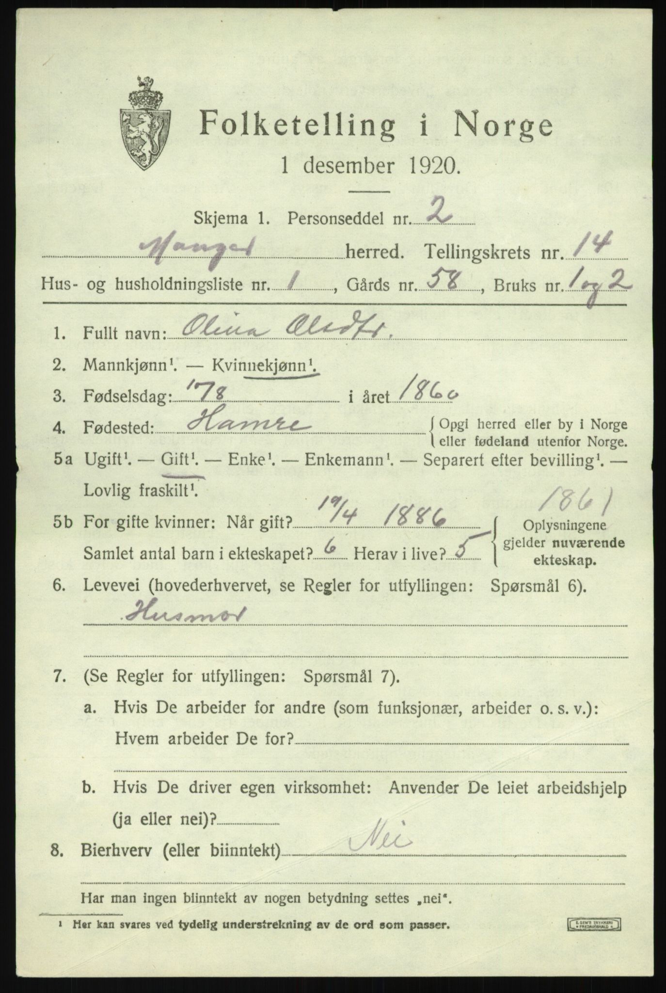 SAB, 1920 census for Manger, 1920, p. 8264