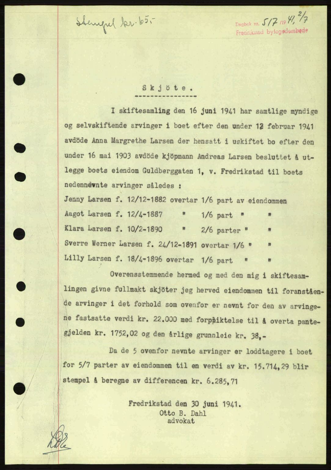 Fredrikstad byfogd, AV/SAO-A-10473a/G/Ga/Gac/L0002: Mortgage book no. A32a, 1940-1945, Diary no: : 517/1941