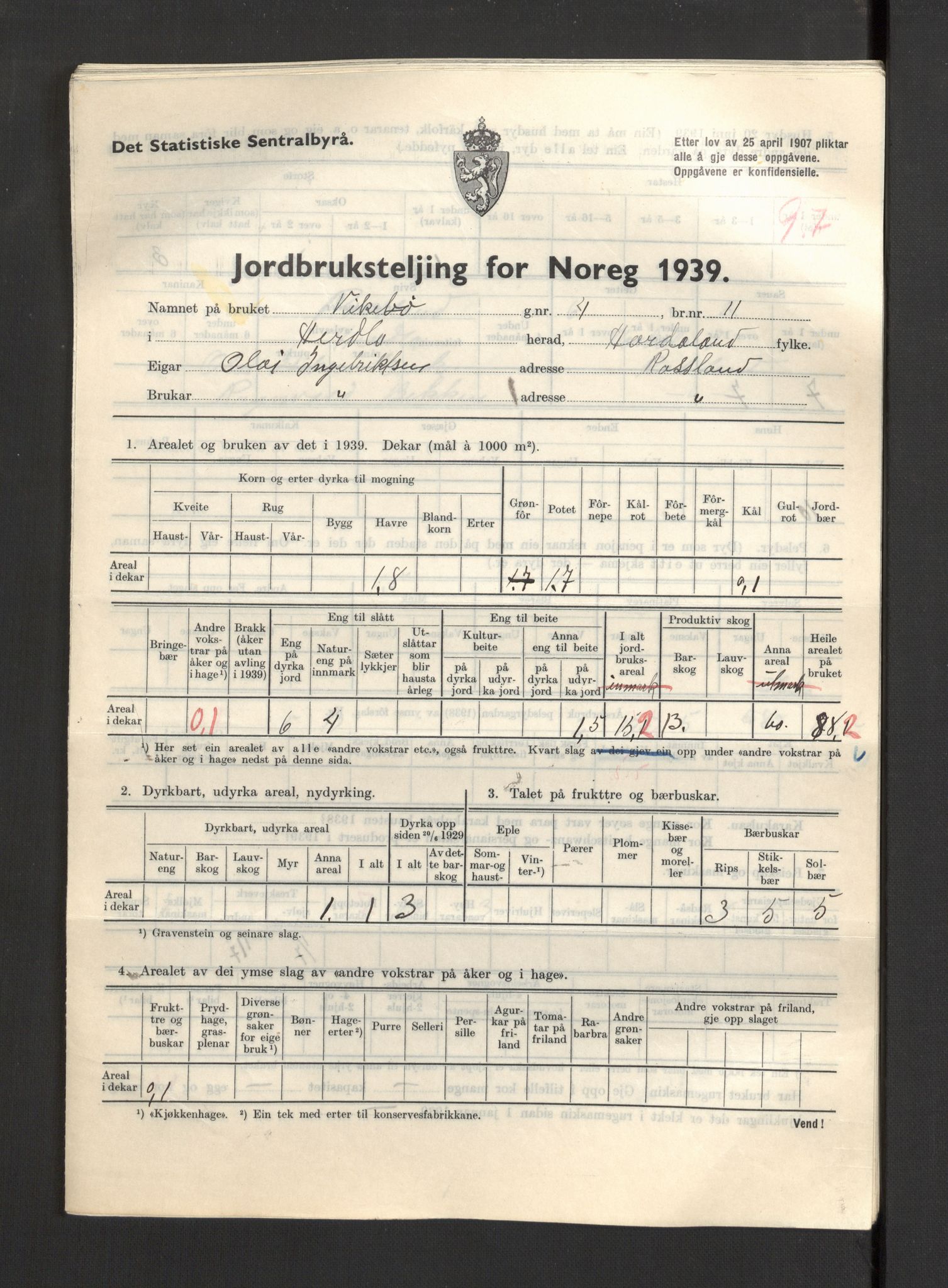 Statistisk sentralbyrå, Næringsøkonomiske emner, Jordbruk, skogbruk, jakt, fiske og fangst, AV/RA-S-2234/G/Gb/L0211: Hordaland: Herdla, Hjelme og Manger, 1939, p. 395