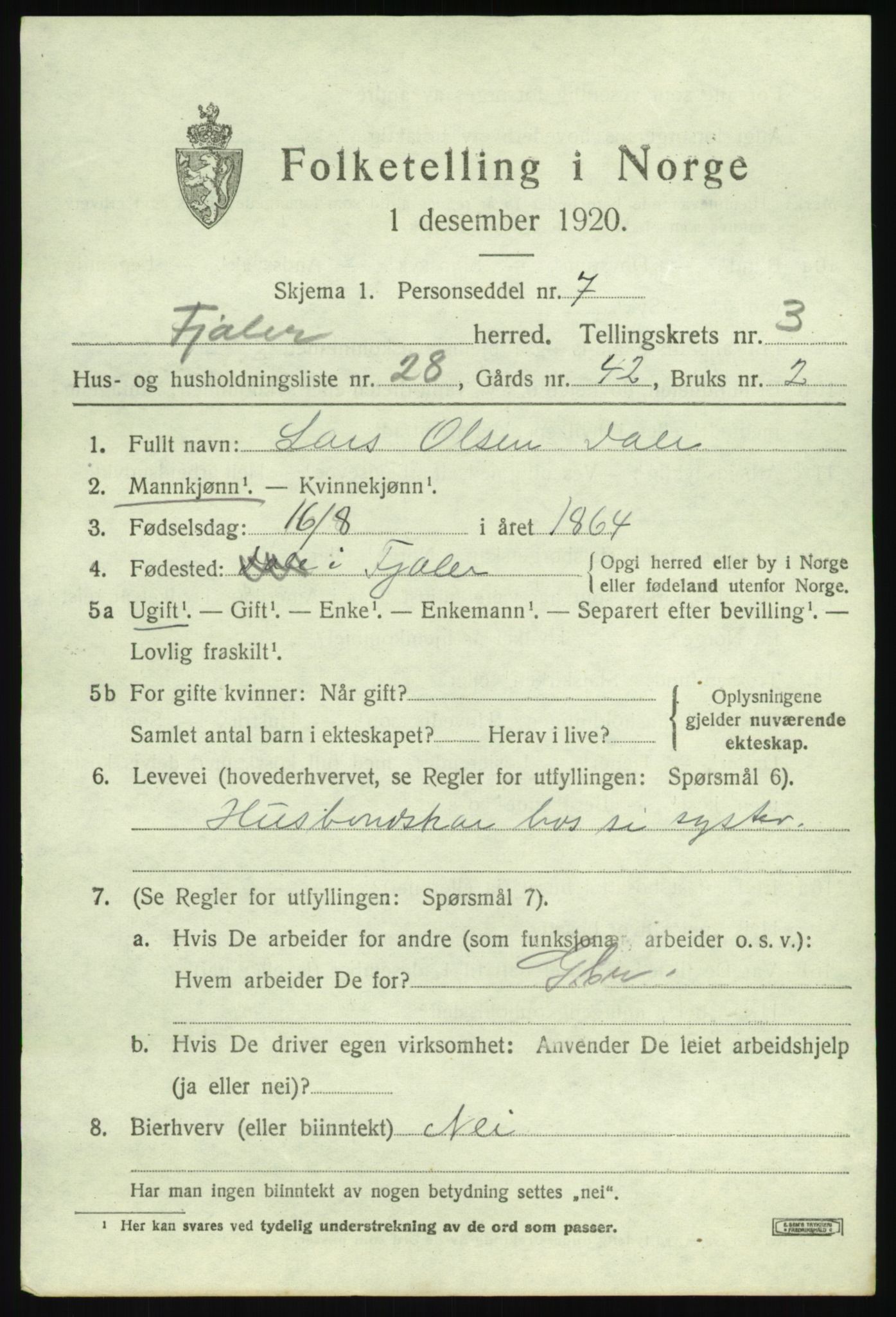 SAB, 1920 census for Fjaler, 1920, p. 3011