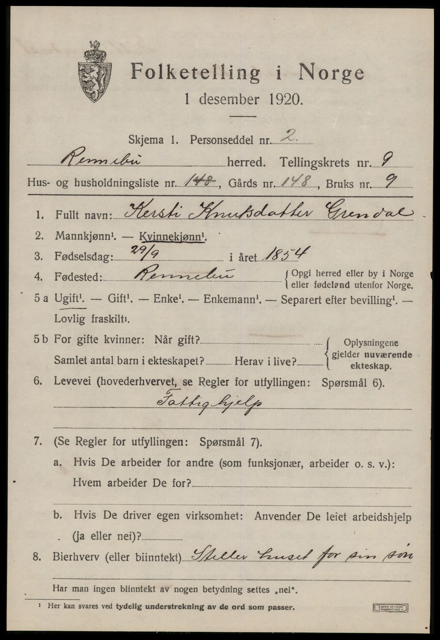 SAT, 1920 census for Rennebu, 1920, p. 5832