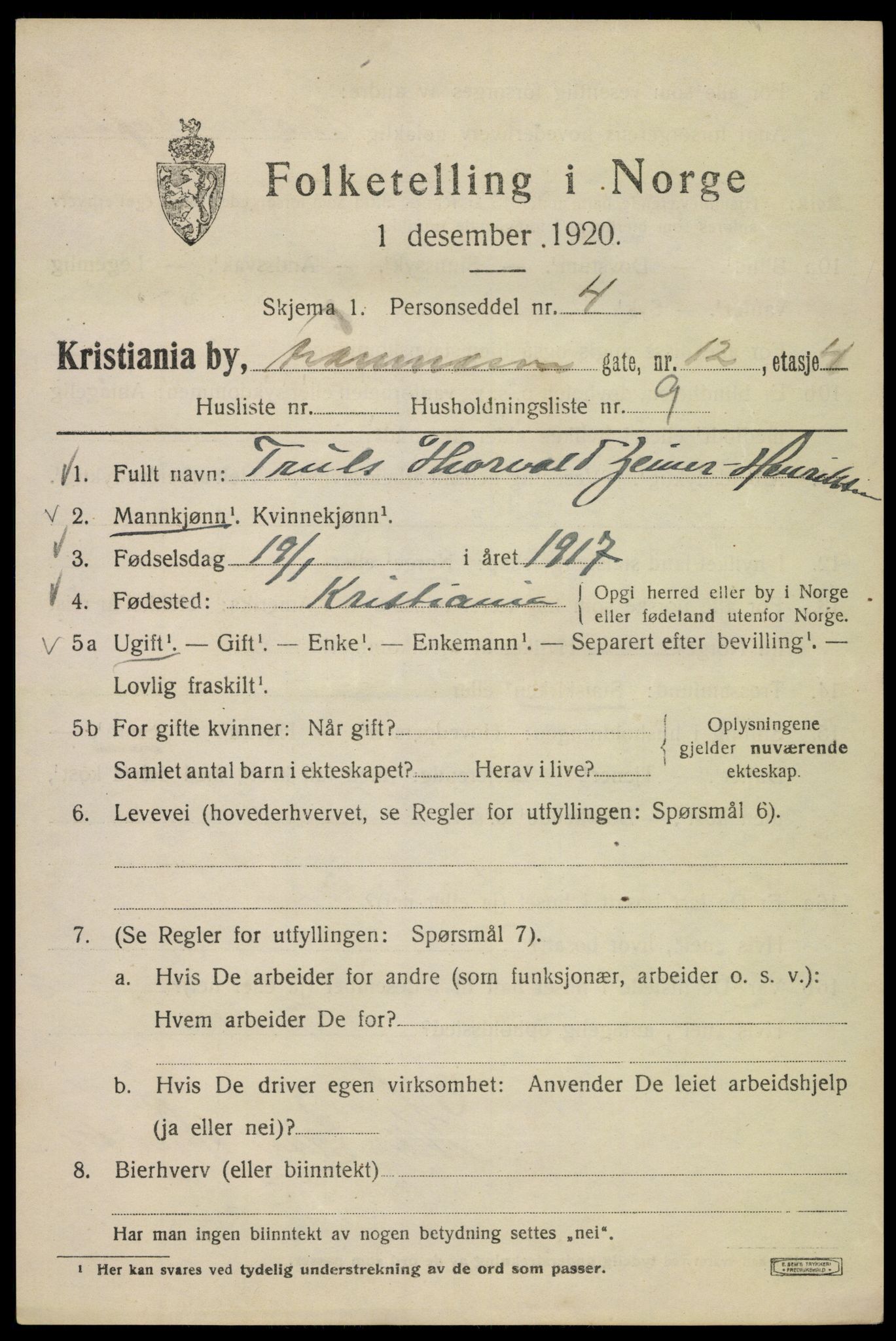 SAO, 1920 census for Kristiania, 1920, p. 233481