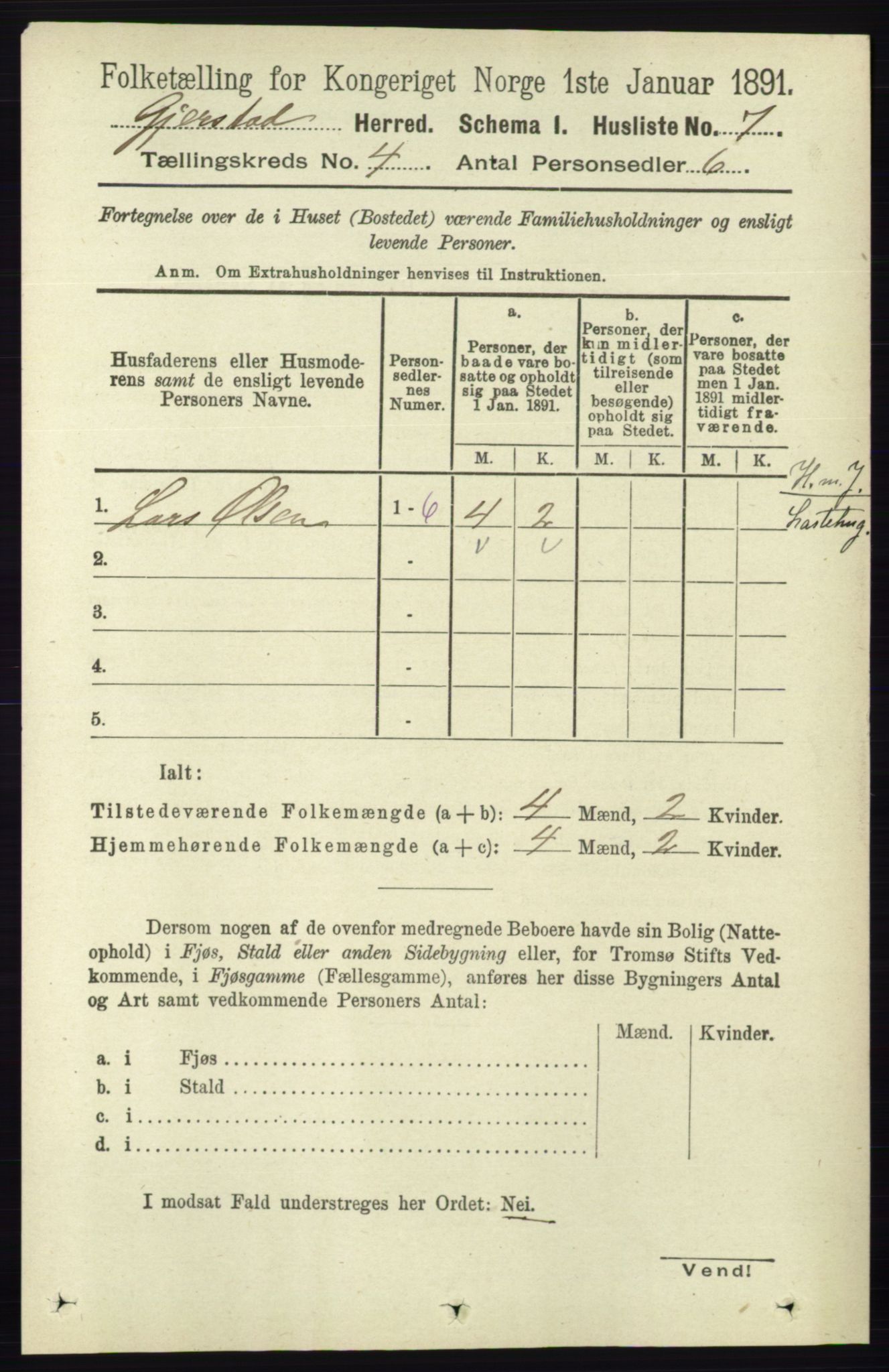 RA, 1891 census for 0911 Gjerstad, 1891, p. 1444