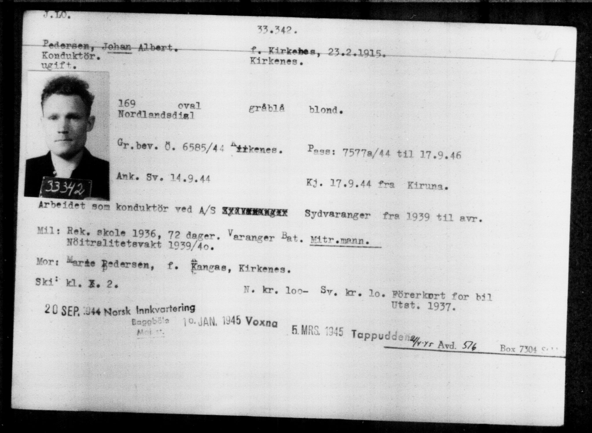 Utenriksstasjonene, Legasjonen i Stockholm, Flyktningkontoret, AV/RA-S-6753/V/Va/L0013: Kjesäterkartoteket, flyktninger med registreringsnr. 31500-34731, 1940-1945, p. 1938