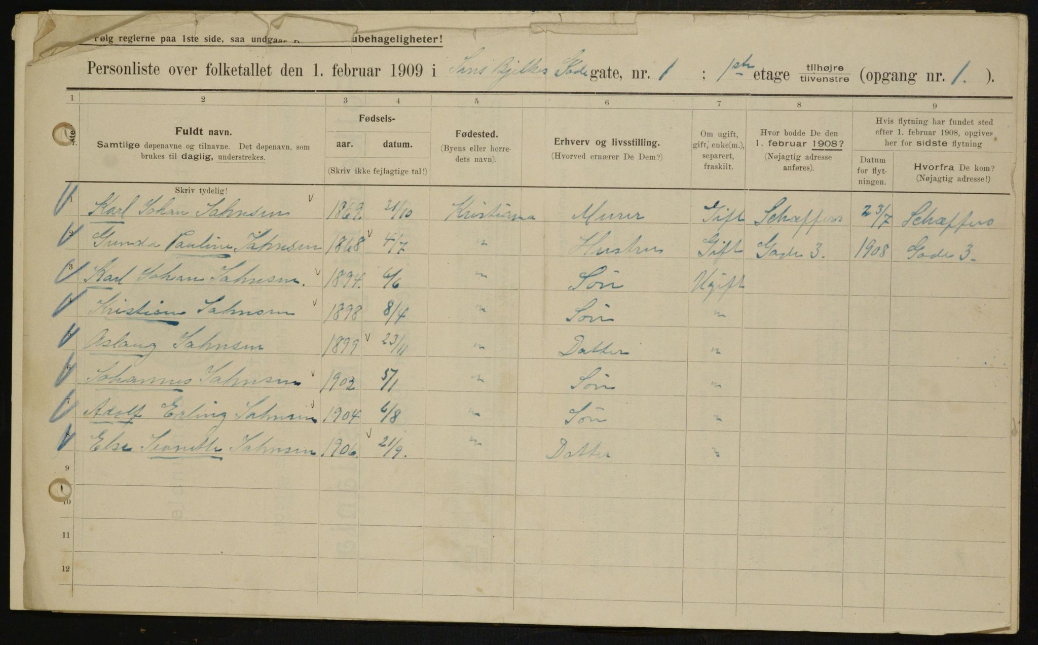 OBA, Municipal Census 1909 for Kristiania, 1909, p. 41494