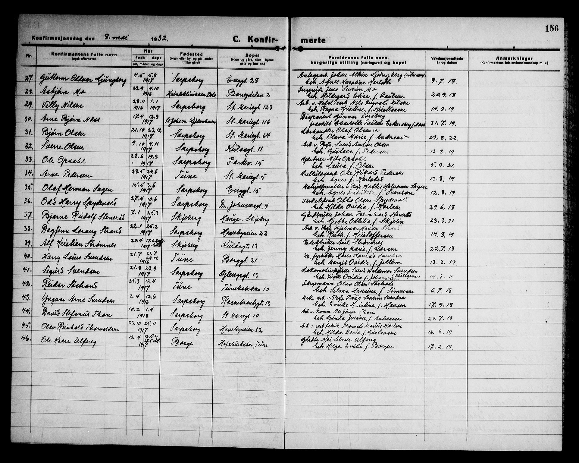 Sarpsborg prestekontor Kirkebøker, SAO/A-2006/G/Ga/L0005: Parish register (copy) no. 5, 1932-1950, p. 156