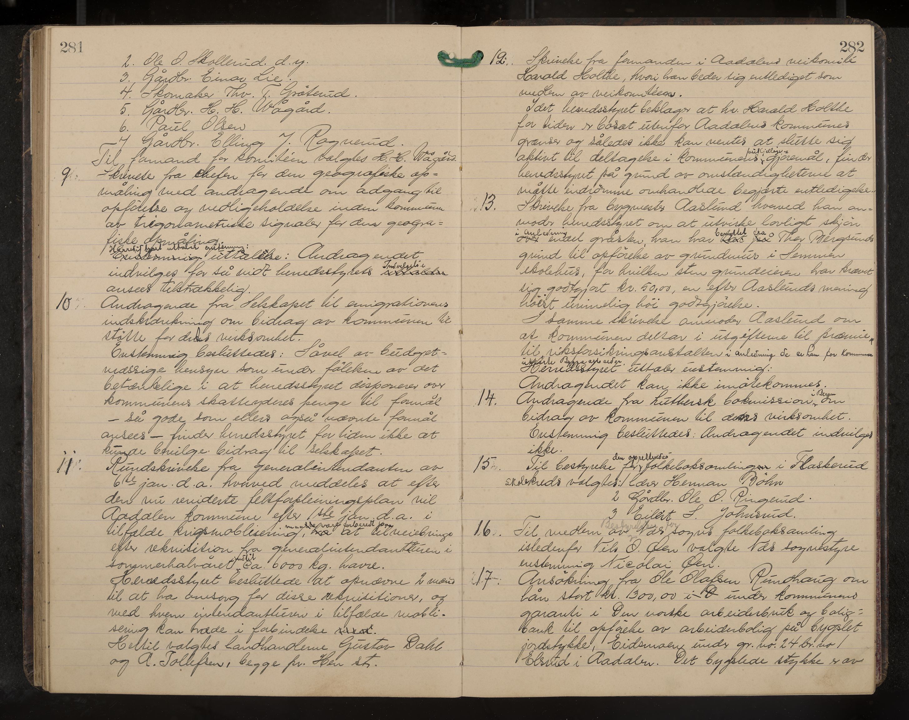 Ådal formannskap og sentraladministrasjon, IKAK/0614021/A/Aa/L0003: Møtebok, 1907-1914, p. 281-282