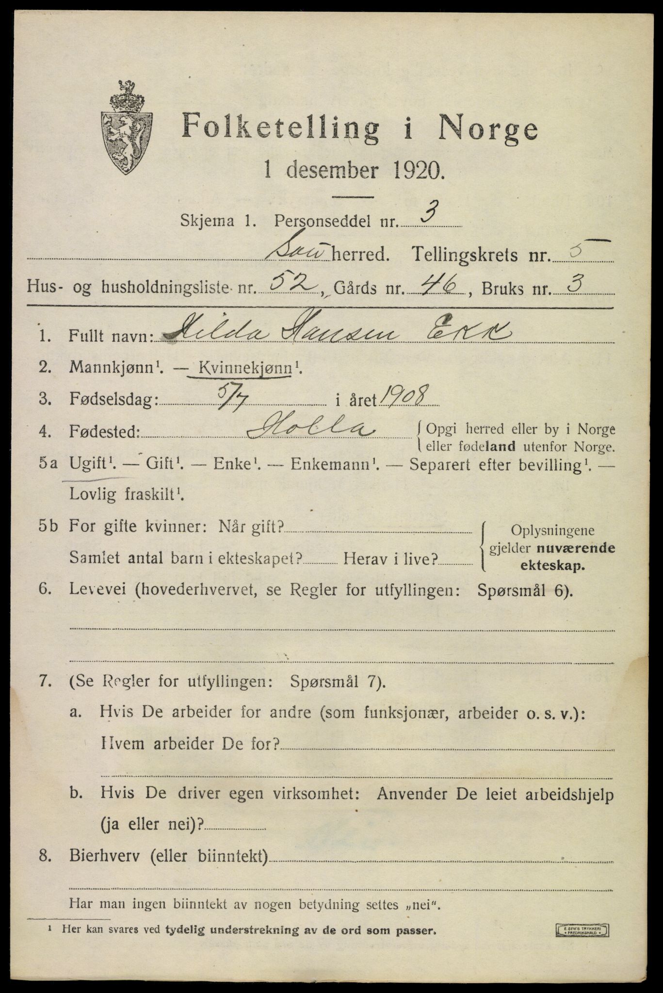 SAKO, 1920 census for Sauherad, 1920, p. 5059