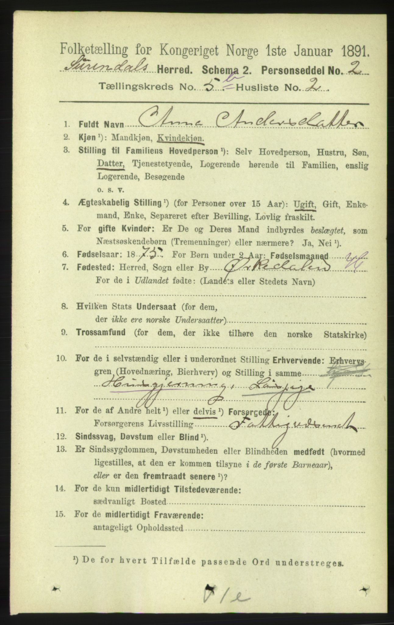 RA, 1891 census for 1566 Surnadal, 1891, p. 1498