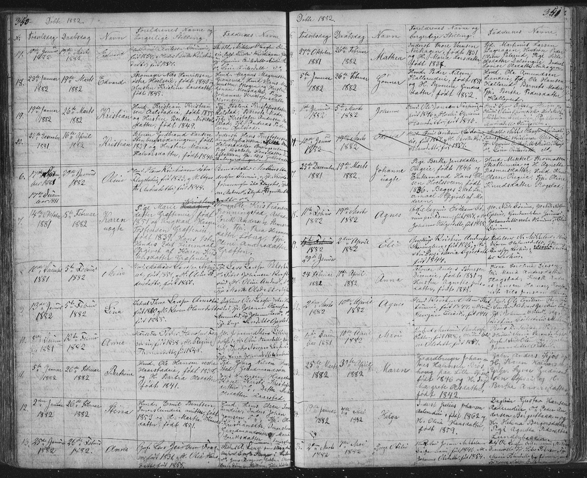 Vang prestekontor, Hedmark, SAH/PREST-008/H/Ha/Hab/L0010A: Parish register (copy) no. 10a, 1854-1896, p. 350-351