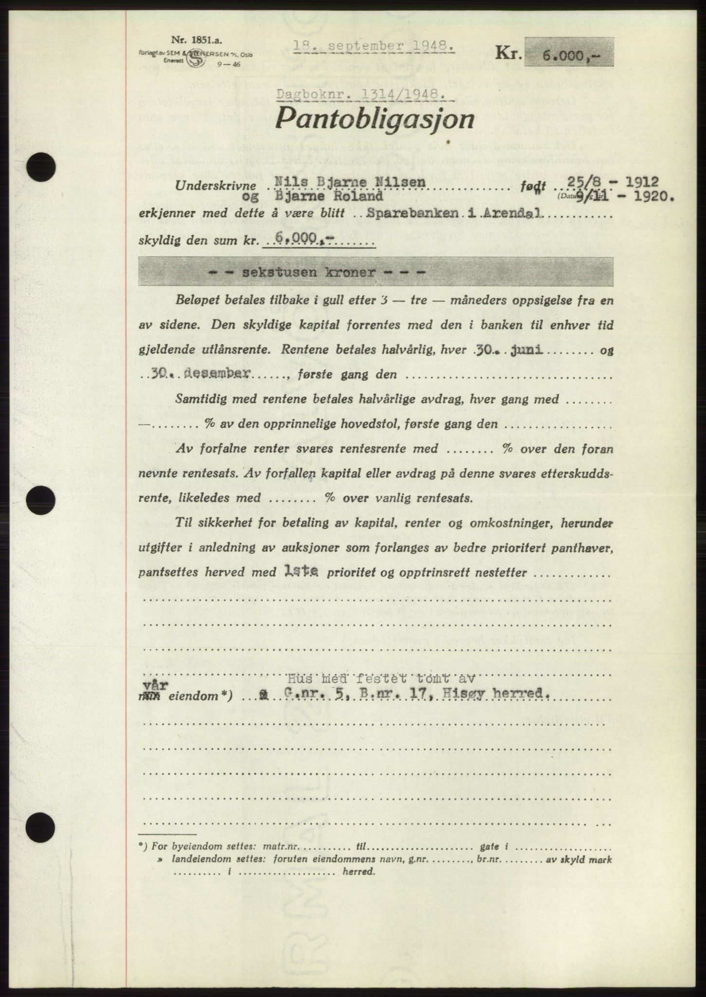 Nedenes sorenskriveri, AV/SAK-1221-0006/G/Gb/Gbb/L0005: Mortgage book no. B5, 1948-1948, Diary no: : 1314/1948