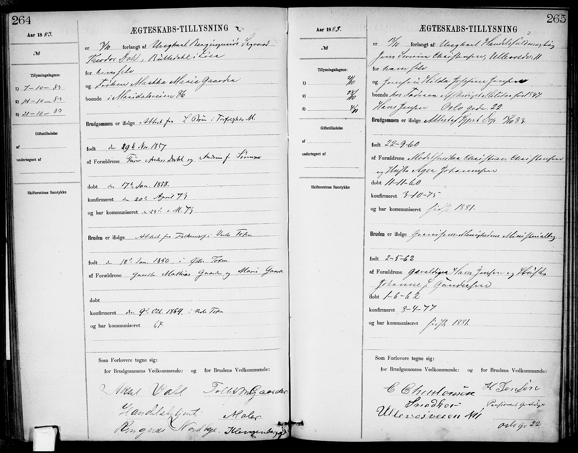 Garnisonsmenigheten Kirkebøker, AV/SAO-A-10846/H/Ha/L0007: Banns register no. I 7, 1872-1893, p. 264-265