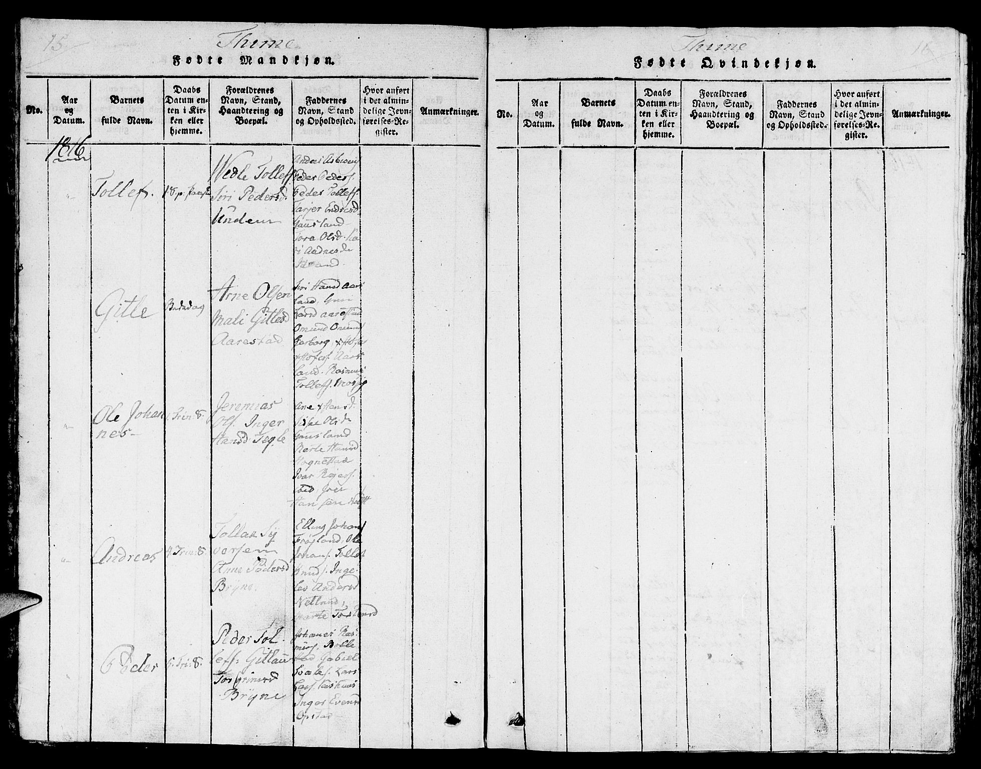 Lye sokneprestkontor, SAST/A-101794/001/30/30BA/L0003: Parish register (official) no. A 3 /1, 1816-1826, p. 15-16