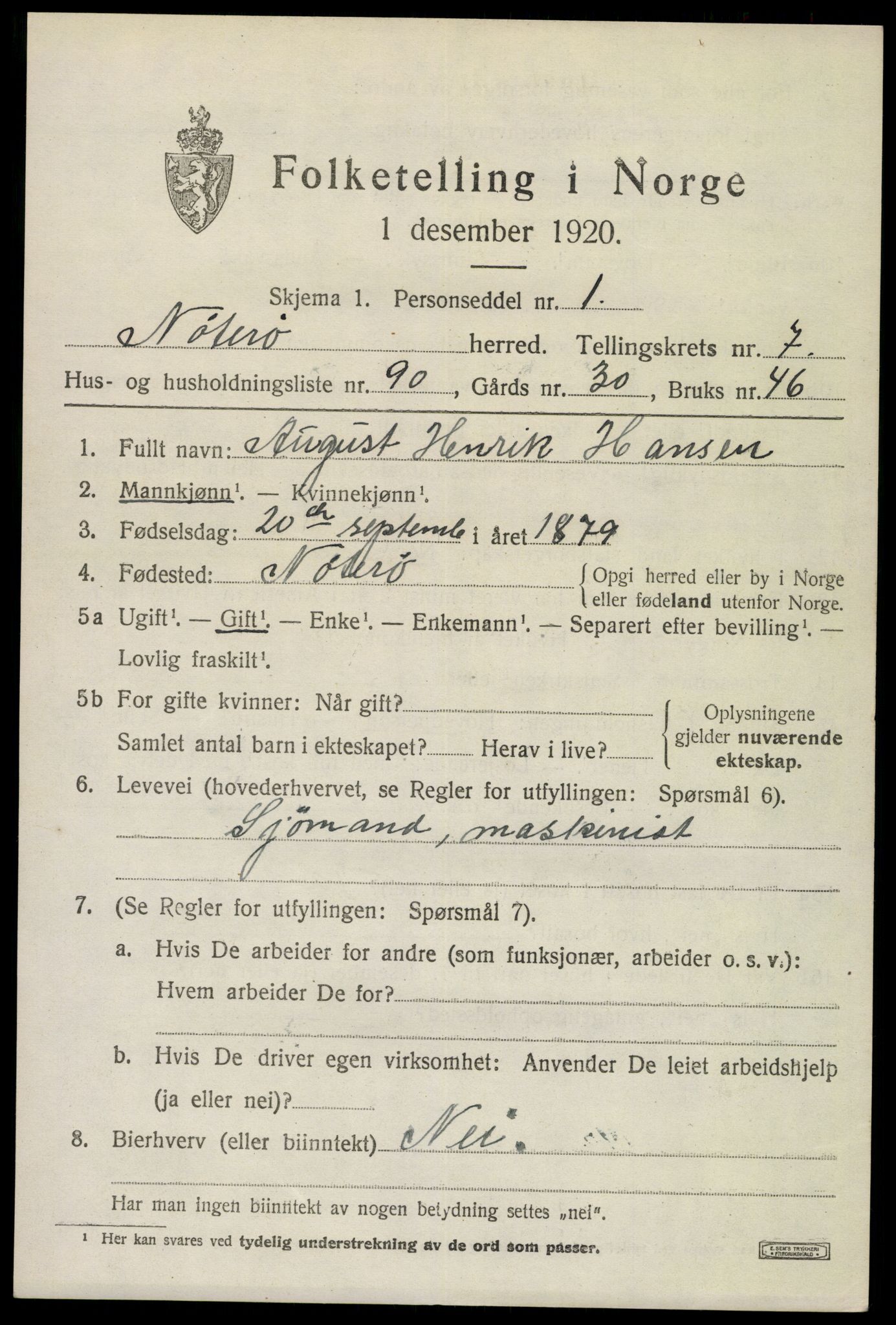SAKO, 1920 census for Nøtterøy, 1920, p. 10399