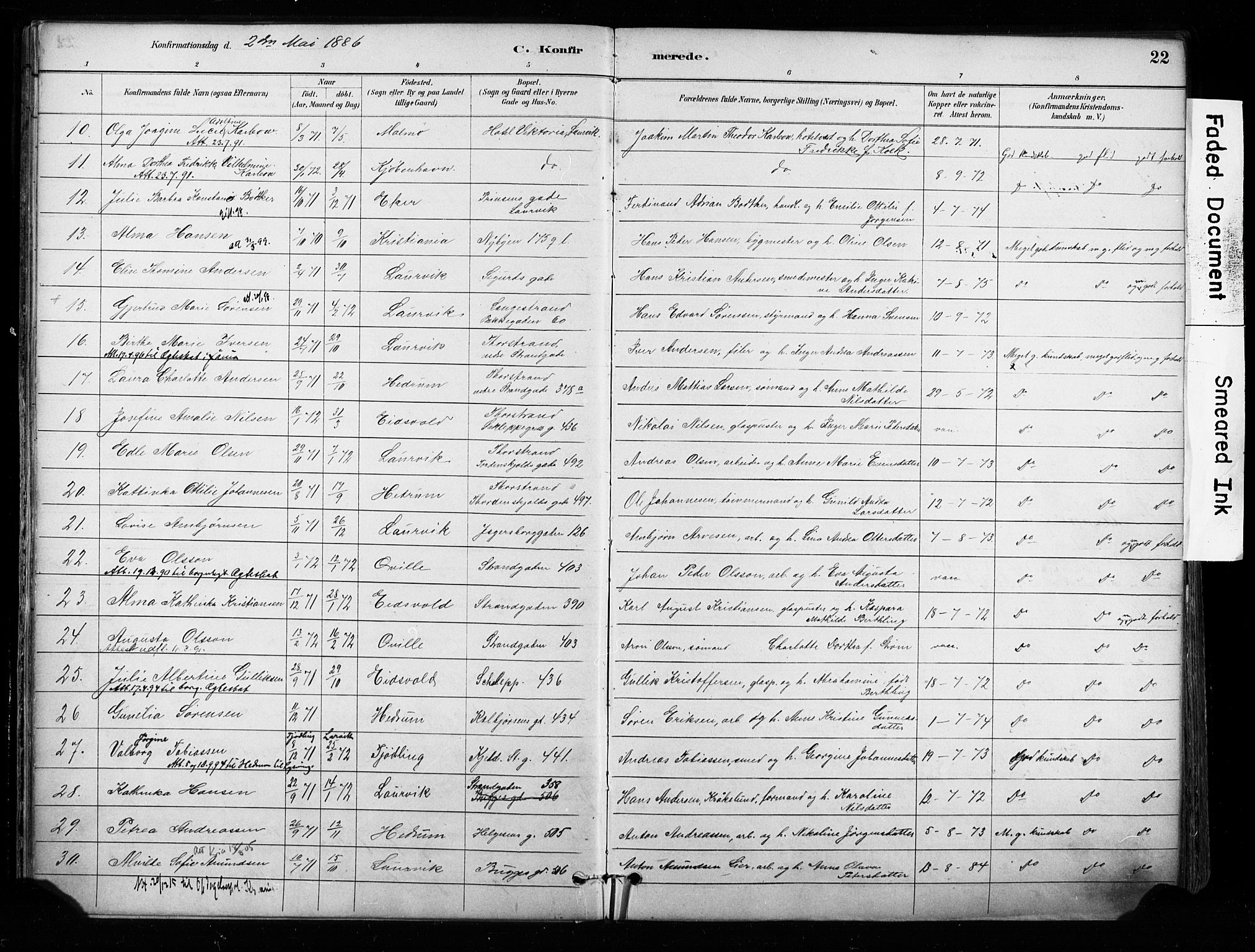 Larvik kirkebøker, AV/SAKO-A-352/F/Fa/L0008: Parish register (official) no. I 8, 1884-1902, p. 22