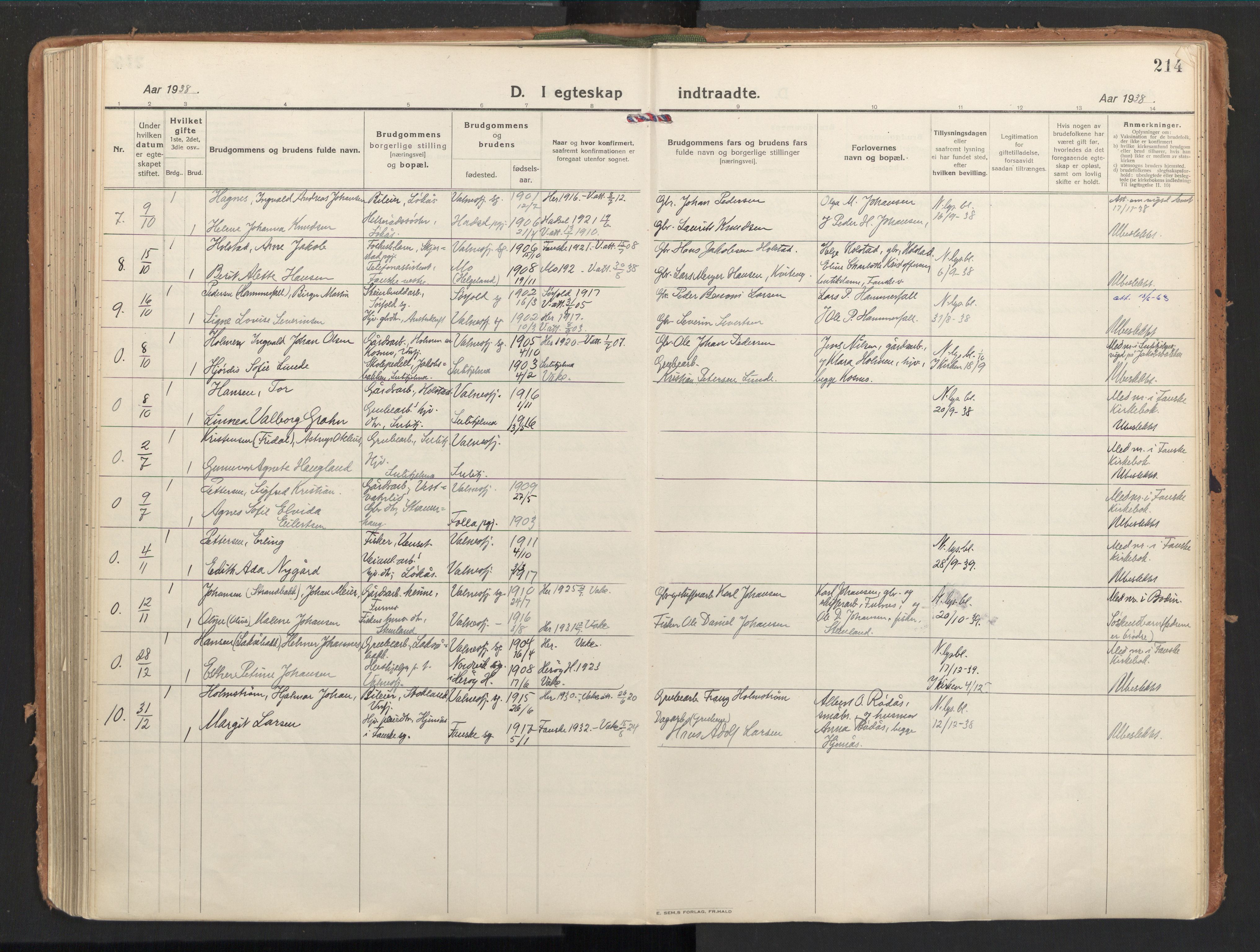 Ministerialprotokoller, klokkerbøker og fødselsregistre - Nordland, SAT/A-1459/851/L0725: Parish register (official) no. 851A02, 1922-1944, p. 214