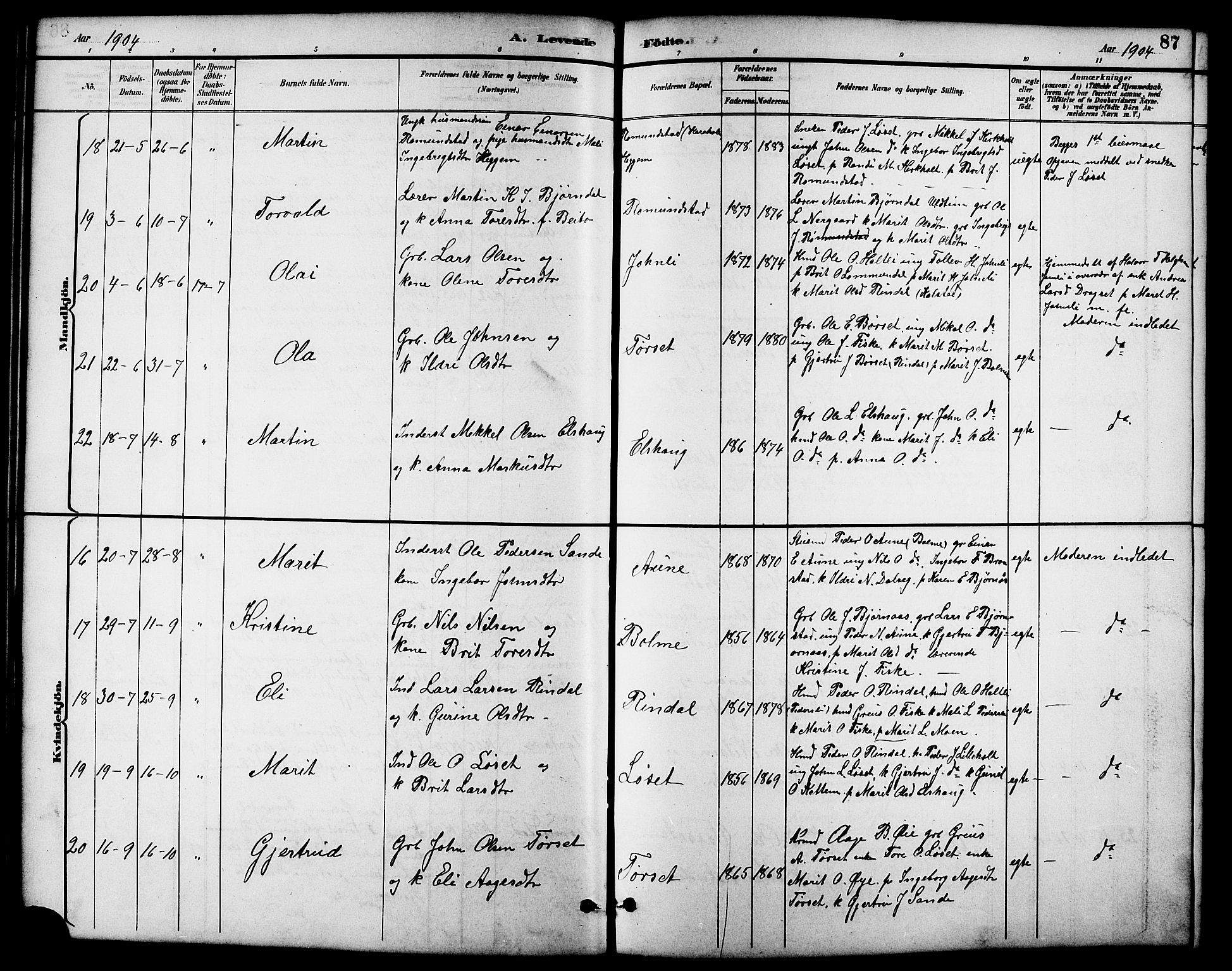 Ministerialprotokoller, klokkerbøker og fødselsregistre - Møre og Romsdal, AV/SAT-A-1454/598/L1078: Parish register (copy) no. 598C03, 1892-1909, p. 87