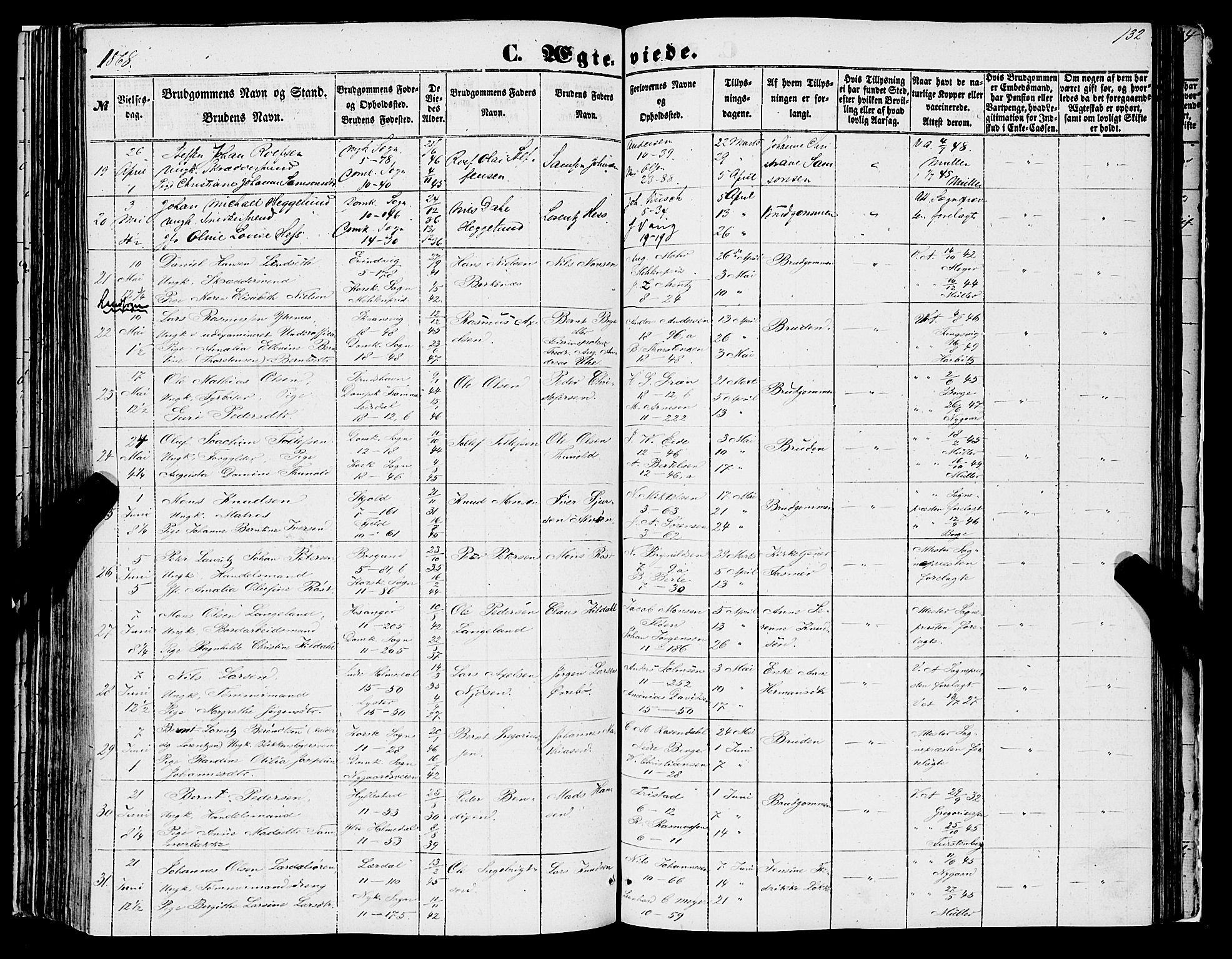 Domkirken sokneprestembete, AV/SAB-A-74801/H/Haa/L0034: Parish register (official) no. D 2, 1853-1874, p. 132