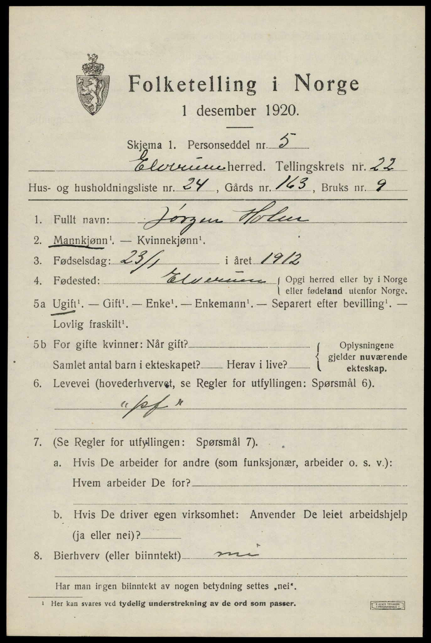 SAH, 1920 census for Elverum, 1920, p. 24920