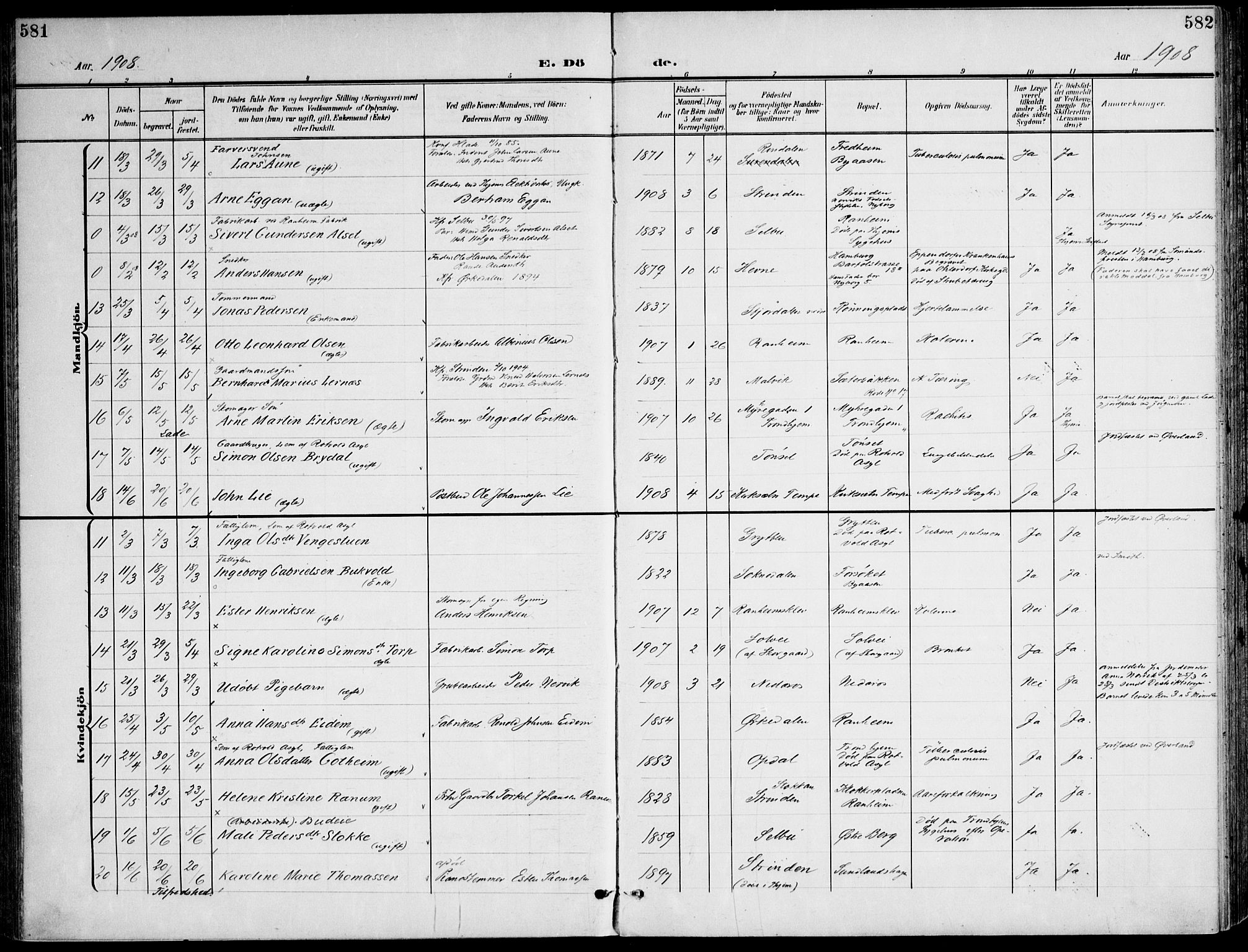 Ministerialprotokoller, klokkerbøker og fødselsregistre - Sør-Trøndelag, SAT/A-1456/607/L0320: Parish register (official) no. 607A04, 1907-1915, p. 581-582