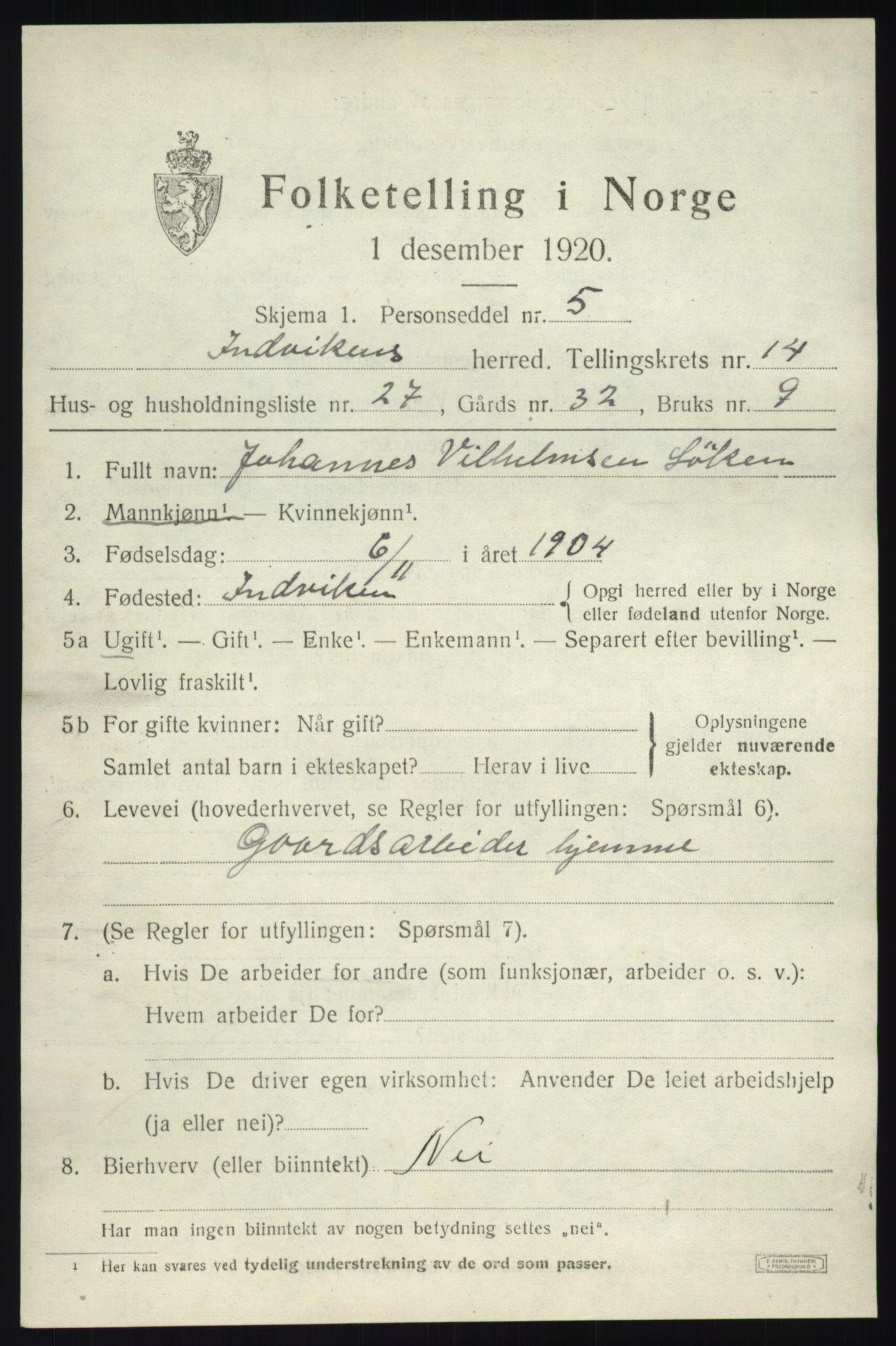 SAB, 1920 census for Innvik, 1920, p. 6107