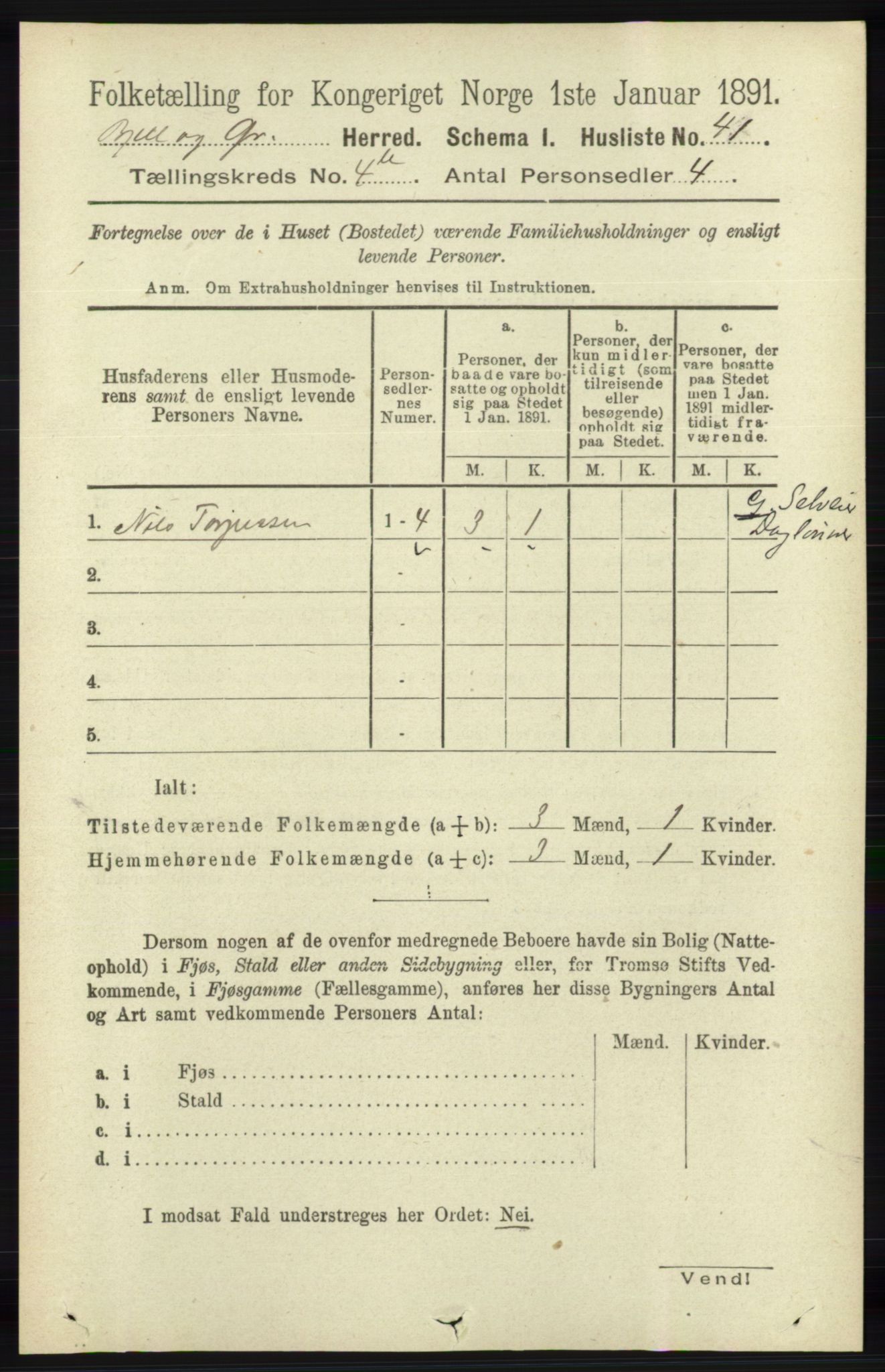 RA, 1891 census for 1024 Bjelland og Grindheim, 1891, p. 2068