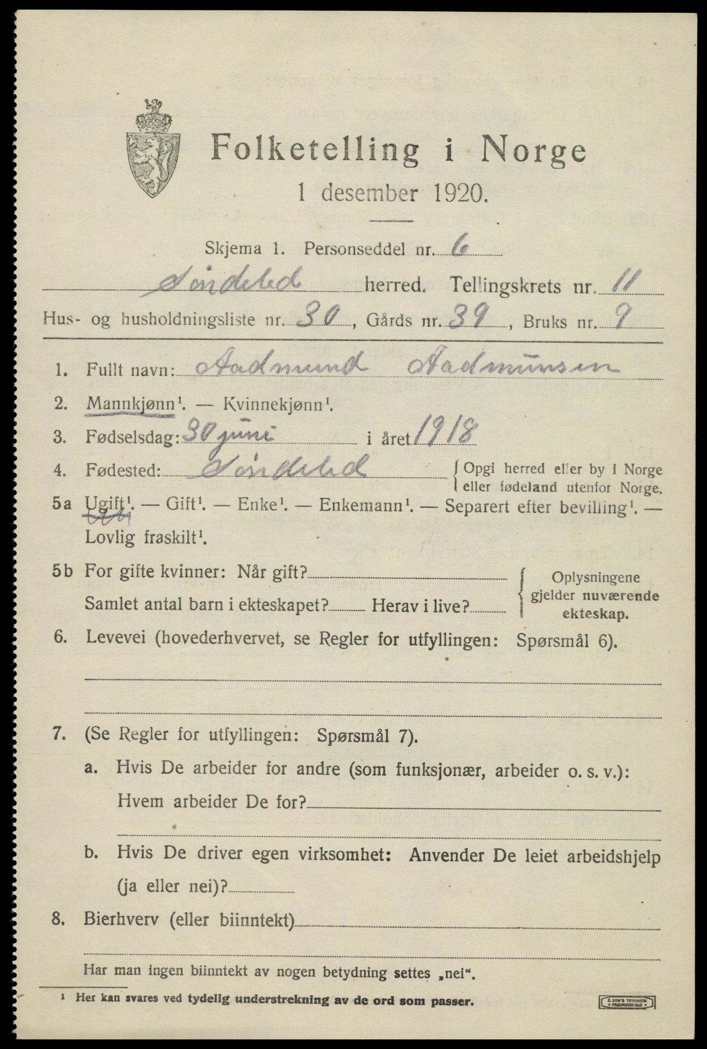 SAK, 1920 census for Søndeled, 1920, p. 5829