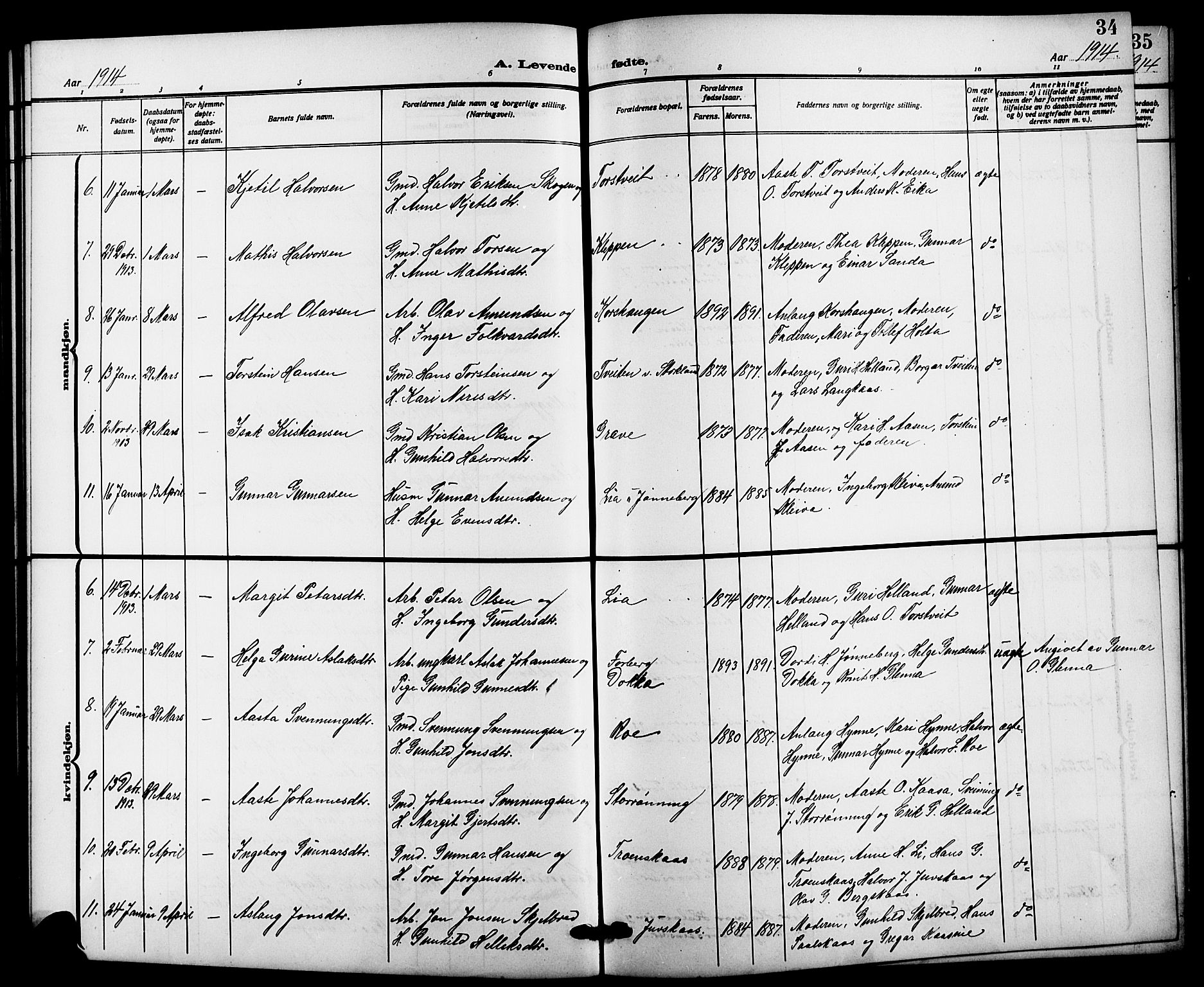 Bø kirkebøker, SAKO/A-257/G/Ga/L0007: Parish register (copy) no. 7, 1909-1924, p. 34